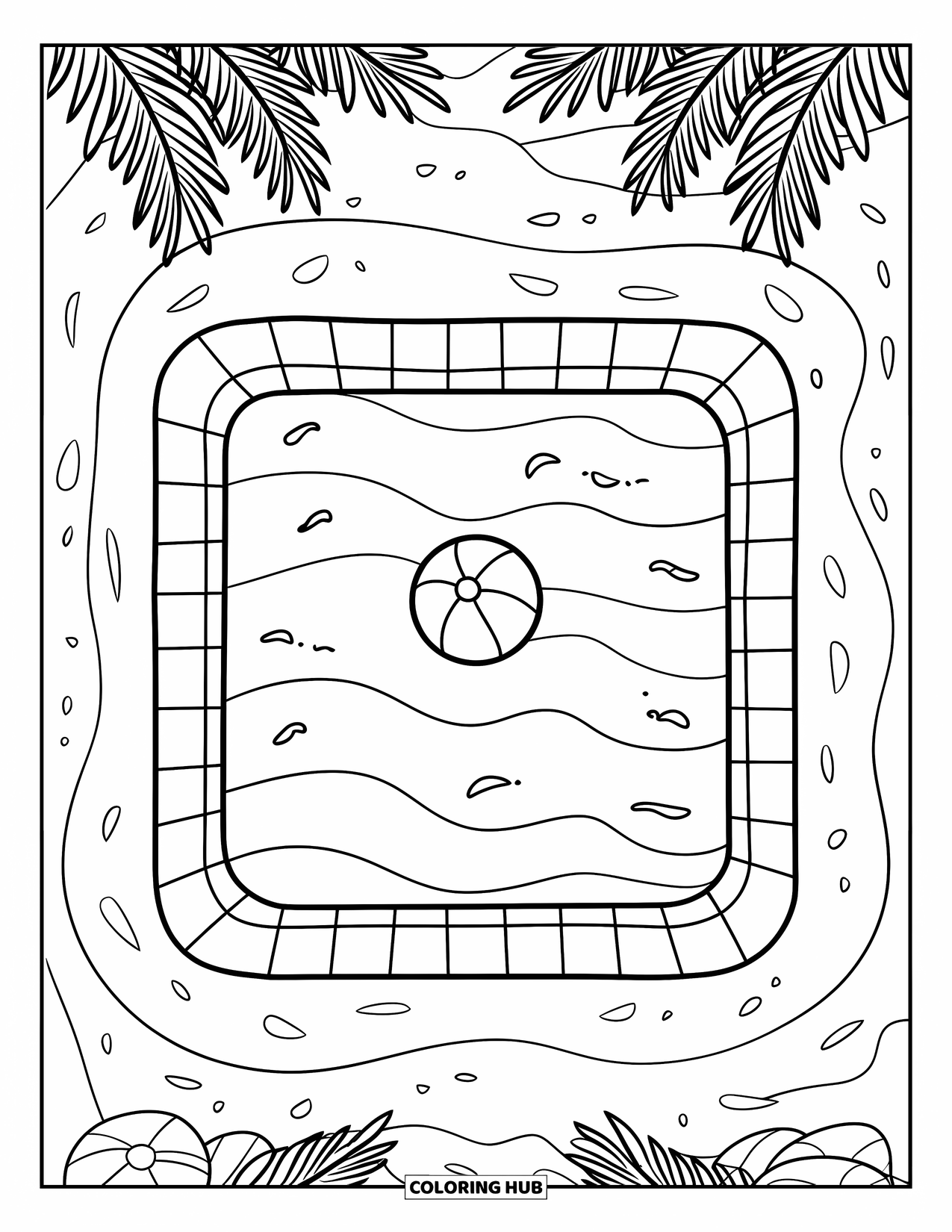 Pool Coloring Page for Kids: Square kiddie pool with gentle waves, beach ball, and palm trees on sandy ground