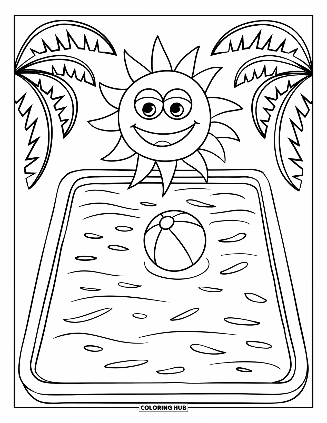 Pool Coloring Page for Kids: Square kiddie pool with smiling cartoon sun, beach ball, and tall palm trees