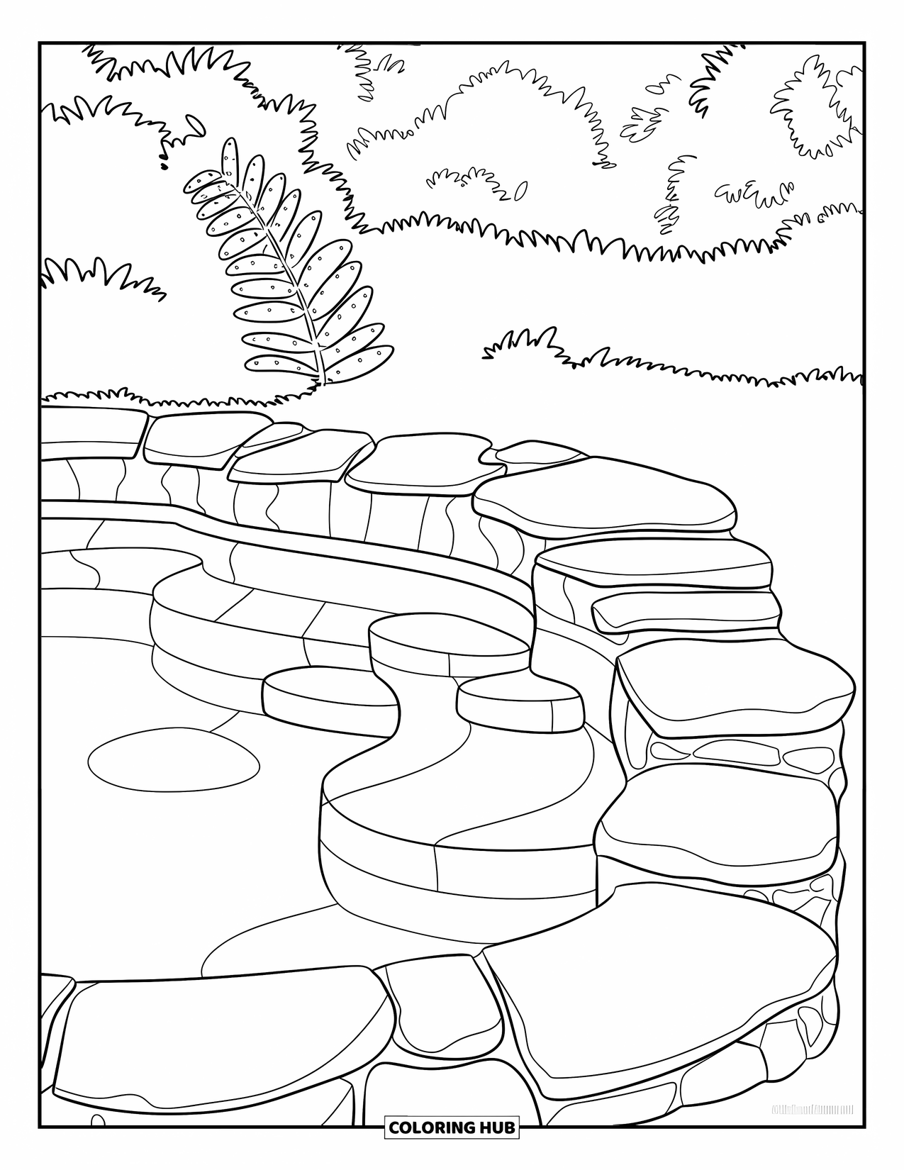 Pool Coloring Page for Kids: Stone-edge plunge pool with leafy corner plant and surrounding greenery