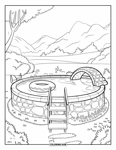 Coloriage de piscine pour enfants : Piscine bordée de pierres avec une bouée flottante et un pont charmant dans un paysage montagneux luxuriant