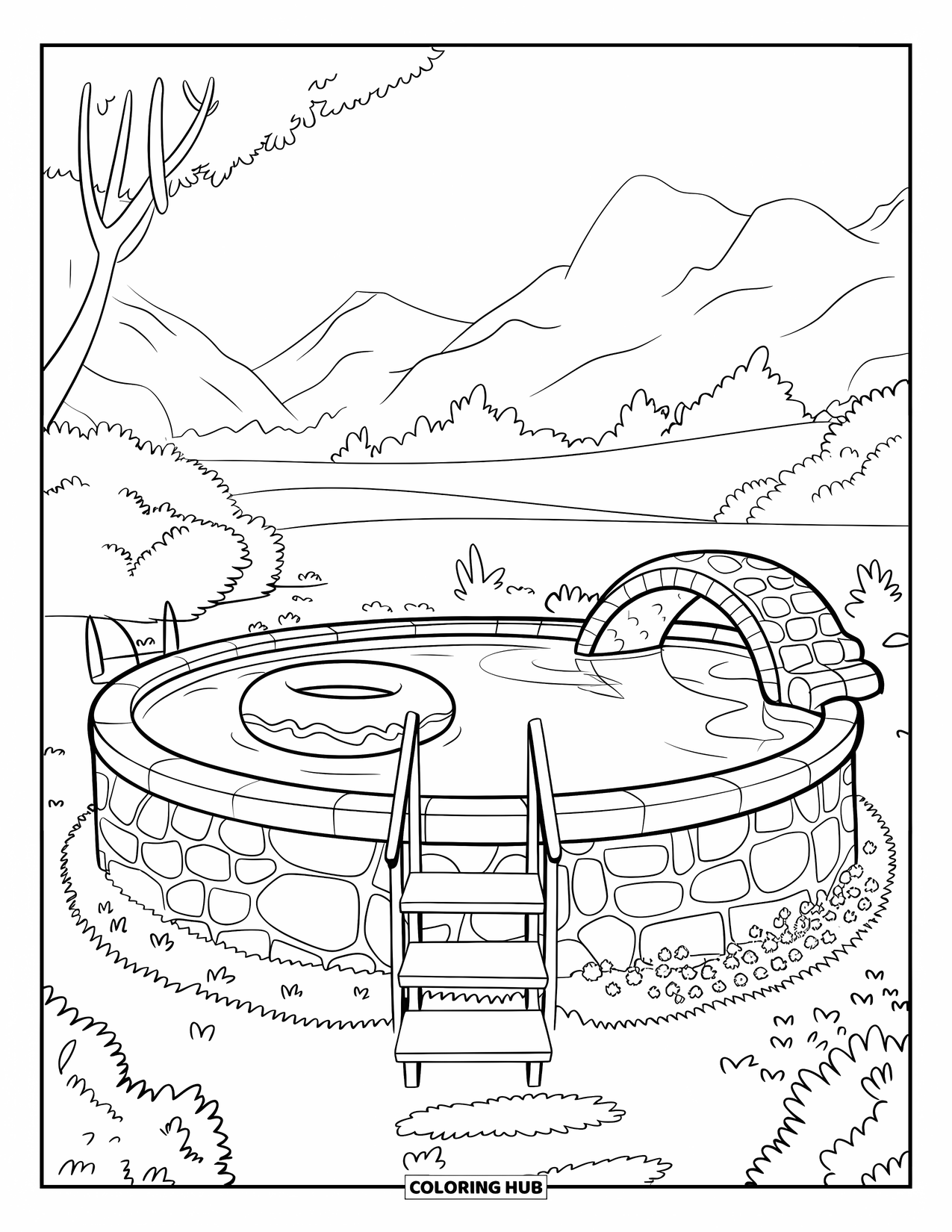 Pool Coloring Page for Kids: Stone-lined pool with floating ring and charming bridge in a lush, mountain landscape
