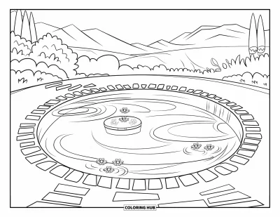 Coloriage de piscine pour enfants : Piscine circulaire en contrebas avec des pierres de gué, des fleurs flottantes et une petite île au centre