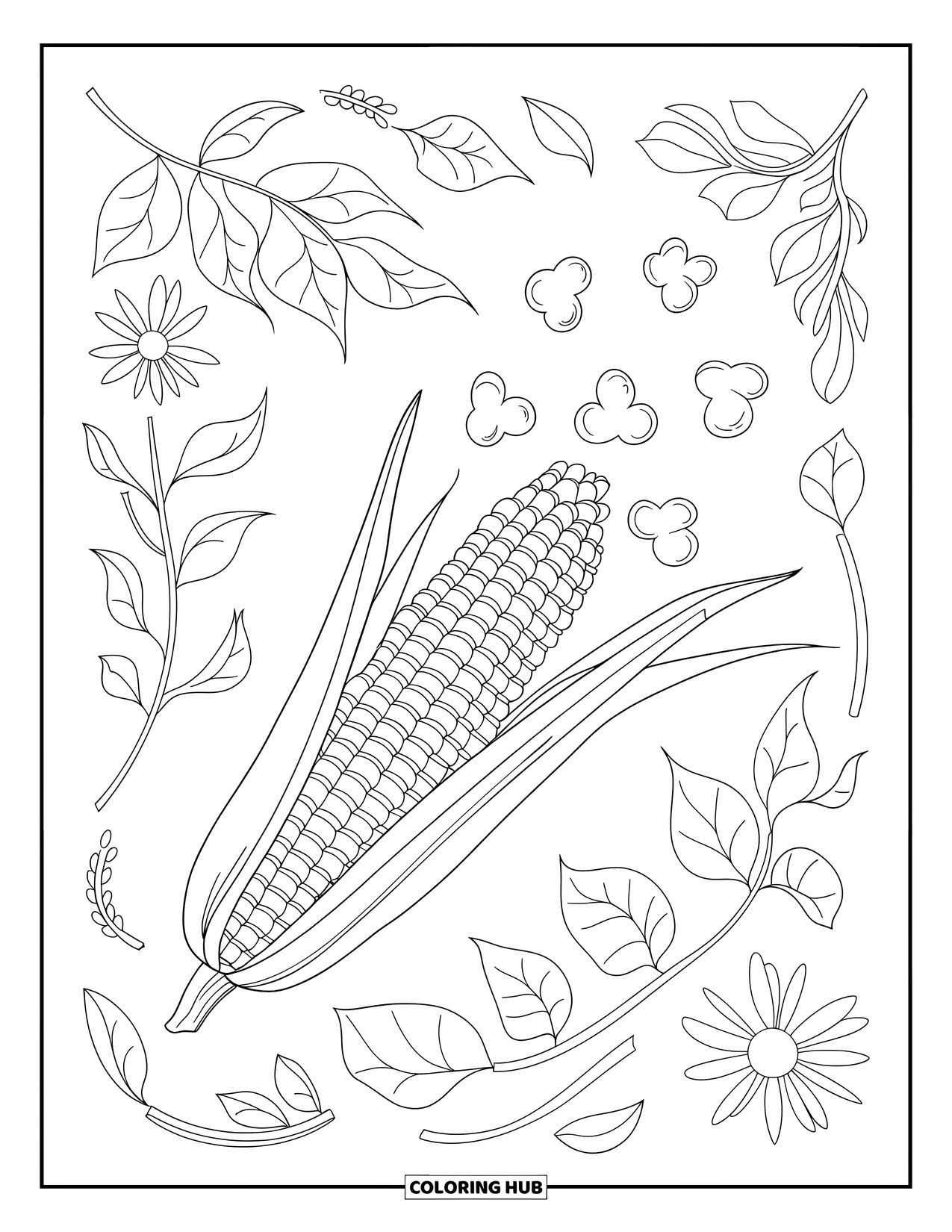 Popcorn Coloring Page for Adults: A corn cob transforms into popcorn with leaves, flowers, and vines swirling around