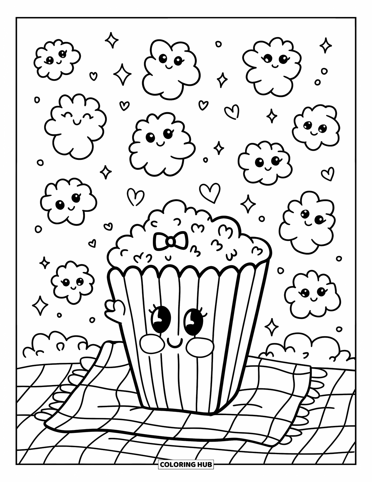 Popcorn Coloring Page for Adults: A cute popcorn character rests on a picnic blanket surrounded by hearts and sparkles