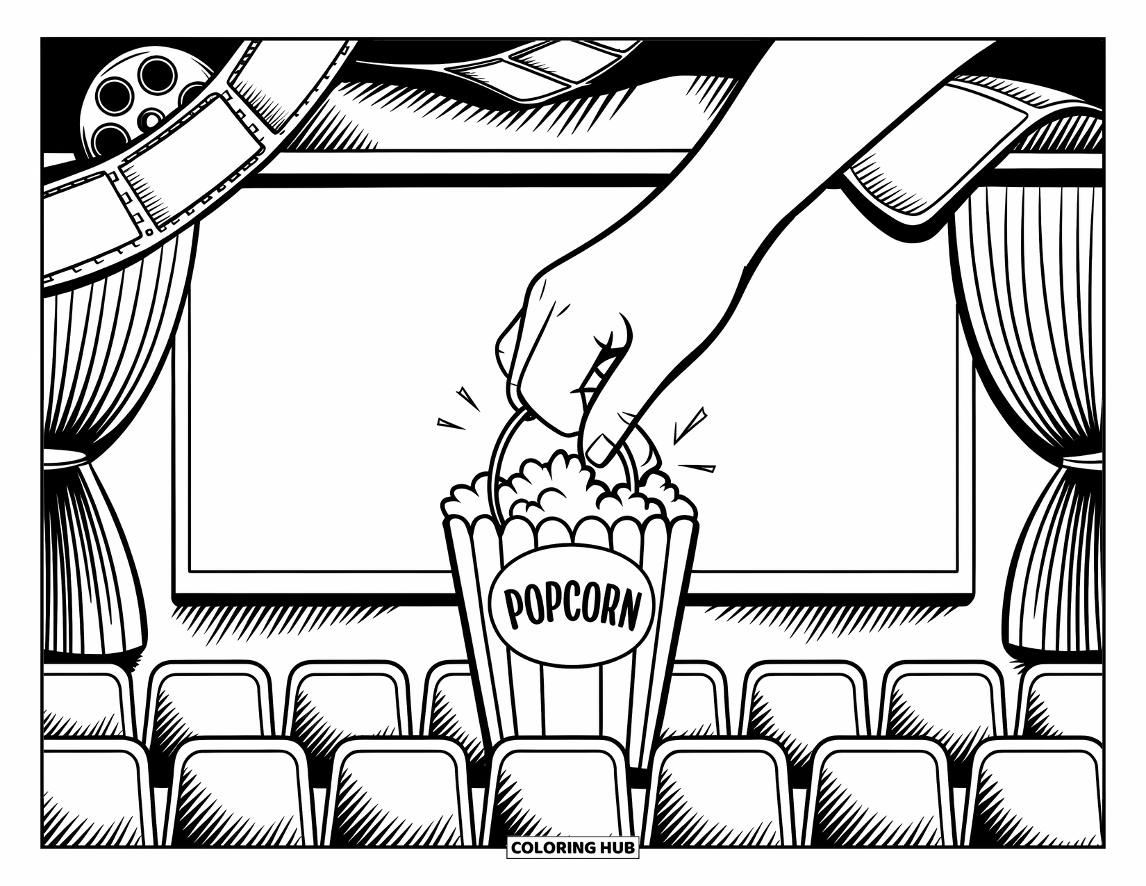 Popcorn Coloring Page for Adults: A hand presents popcorn in a movie theater filled with film reels, tickets, and doodles