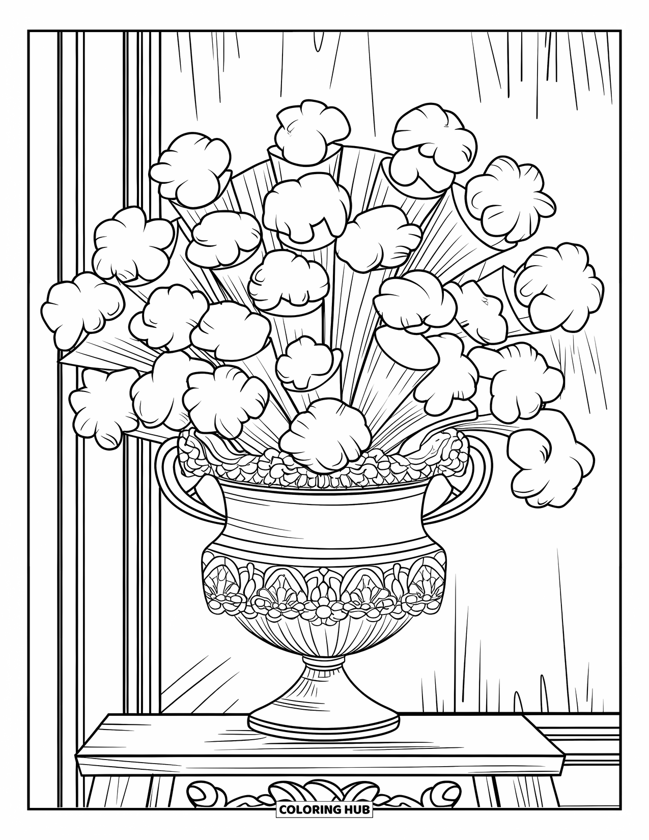 Popcorn Coloring Page for Adults: A popcorn bouquet blooms from an ornate vase on a wooden stand
