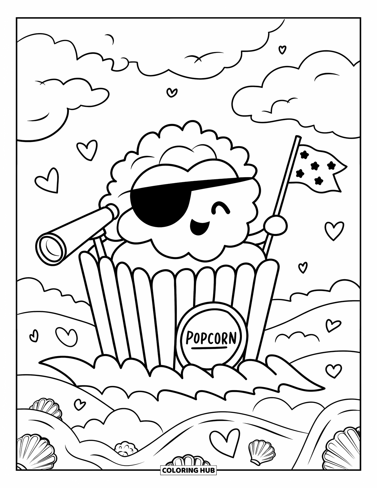 Popcorn Coloring Page for Adults: A popcorn pirate explores the bubbly sea in a striped boat with floating hearts