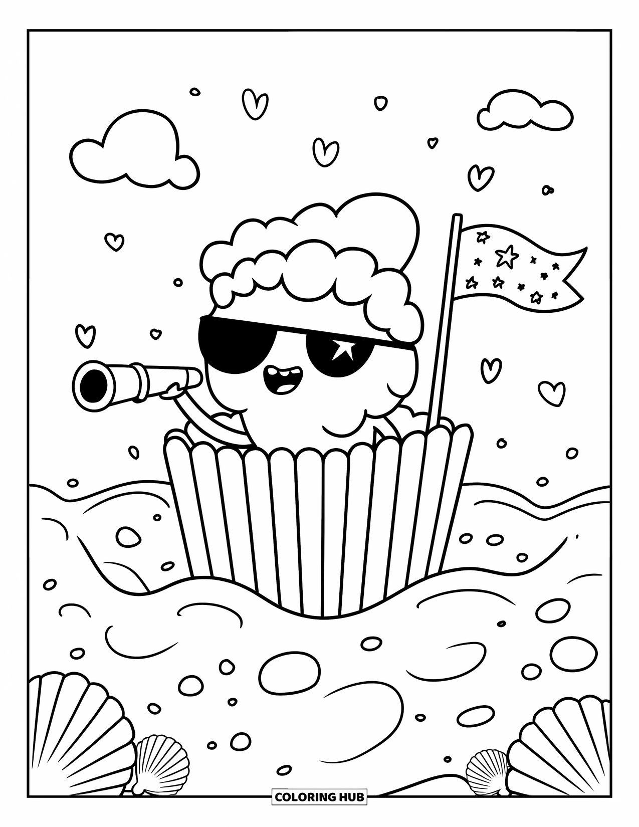 Popcorn Coloring Page for Adults: A popcorn pirate waves a star flag while sailing through a sea of hearts and shells
