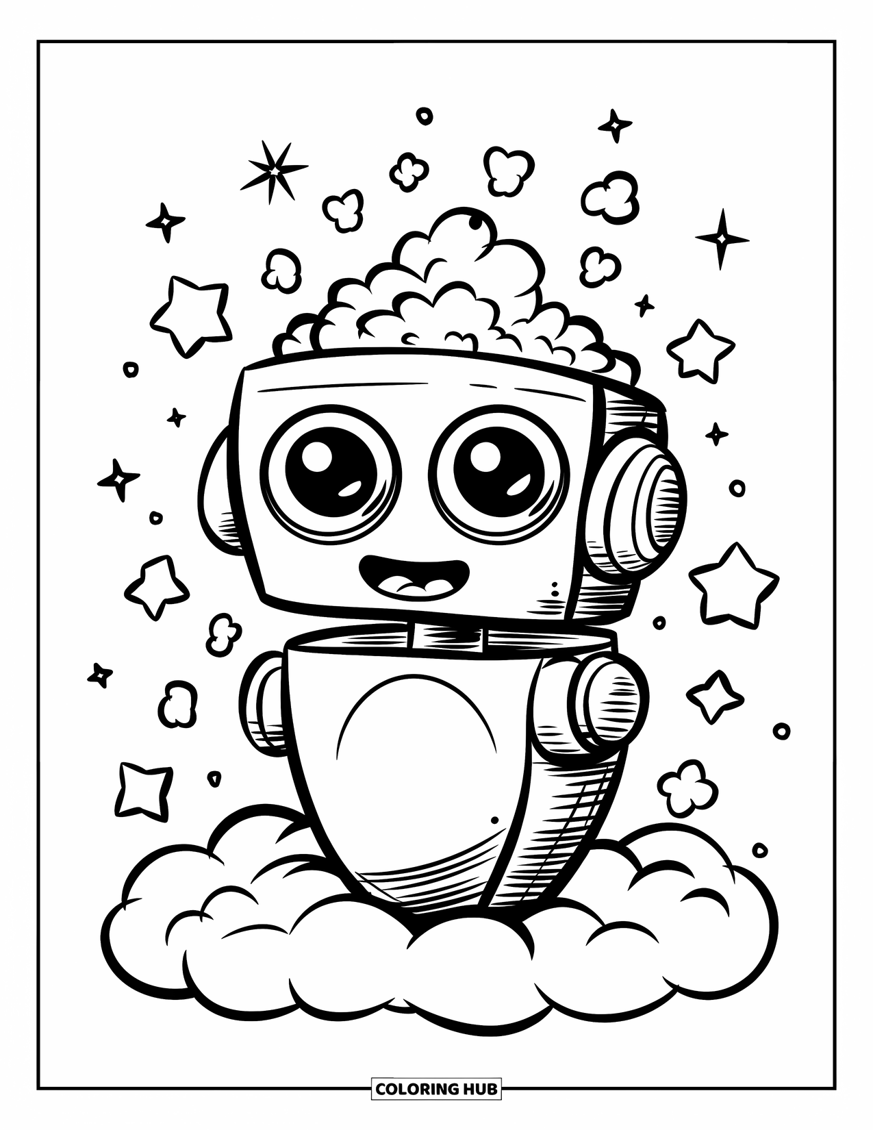 Popcorn Coloring Page for Adults: A popcorn robot joyfully pops corn on a cloud with stars and popcorn confetti