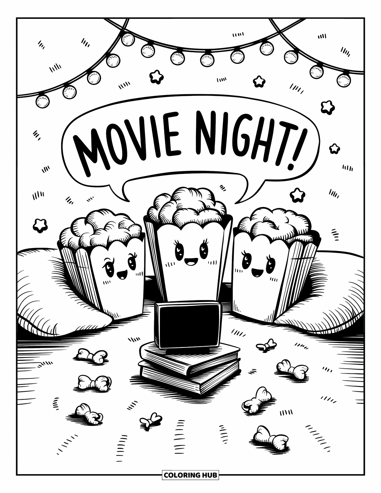 Popcorn Coloring Page for Adults: Three popcorn pals watch a tiny TV in a cozy fort filled with doodles and fairy lights