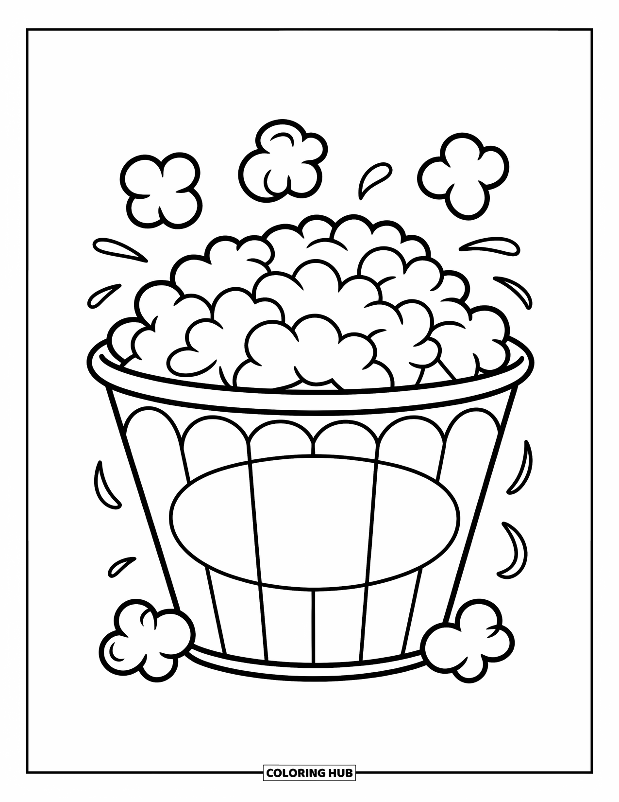 Popcorn Coloring Page for Kids: A big bucket with stripes and fluffy popcorn overflows in a fun, friendly pose