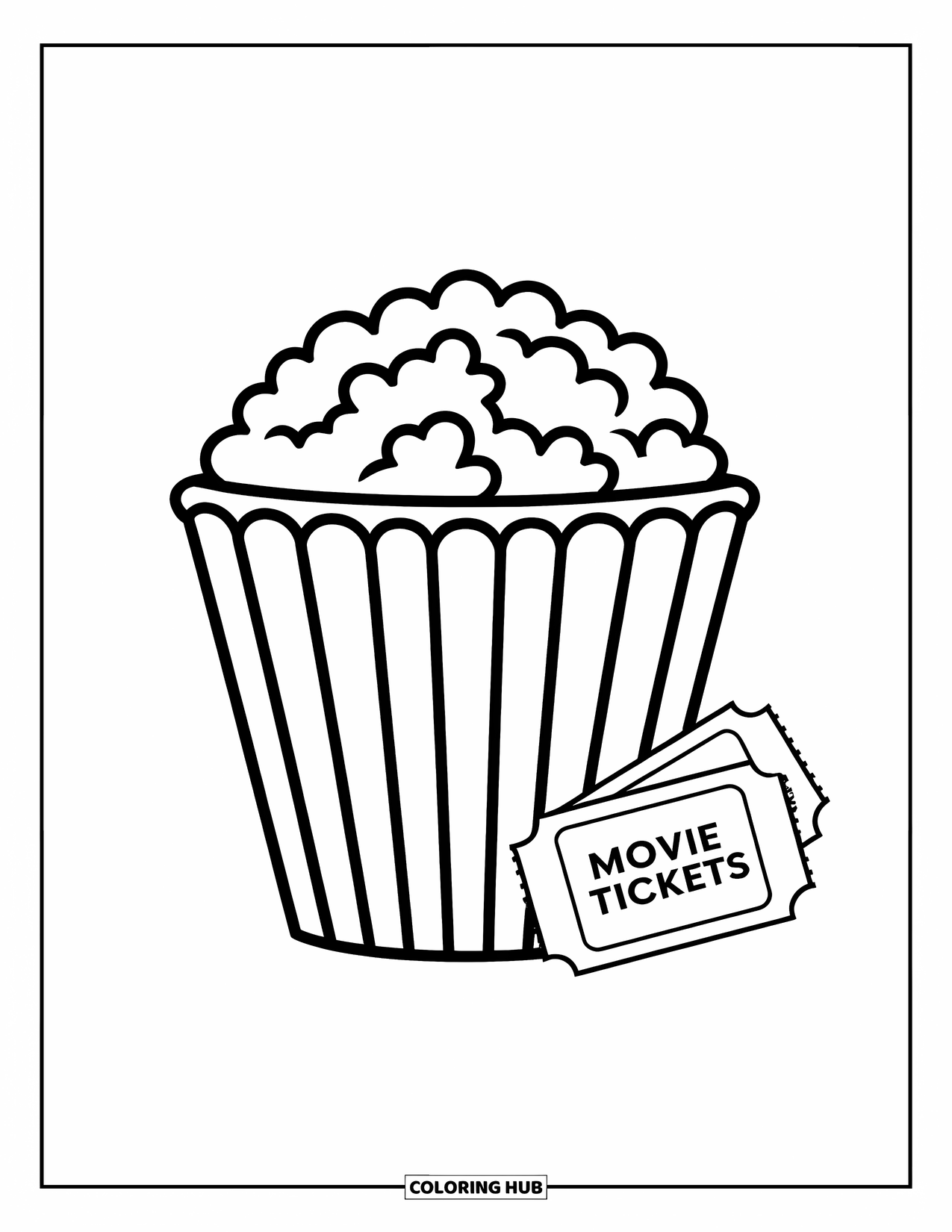 Popcorn Coloring Page for Kids: A cheerful popcorn bucket stands next to neatly placed movie tickets