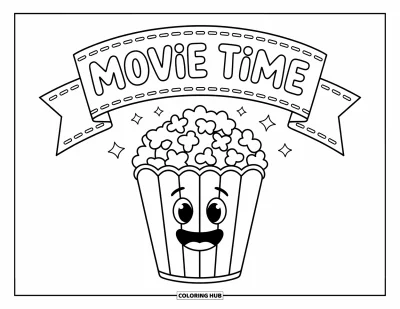 Kolorowanka z popcornem dla dzieci: Uśmiechnięte pasiaste wiaderko popcornu siedzi pod nakrapanym banerem "Movie Time"