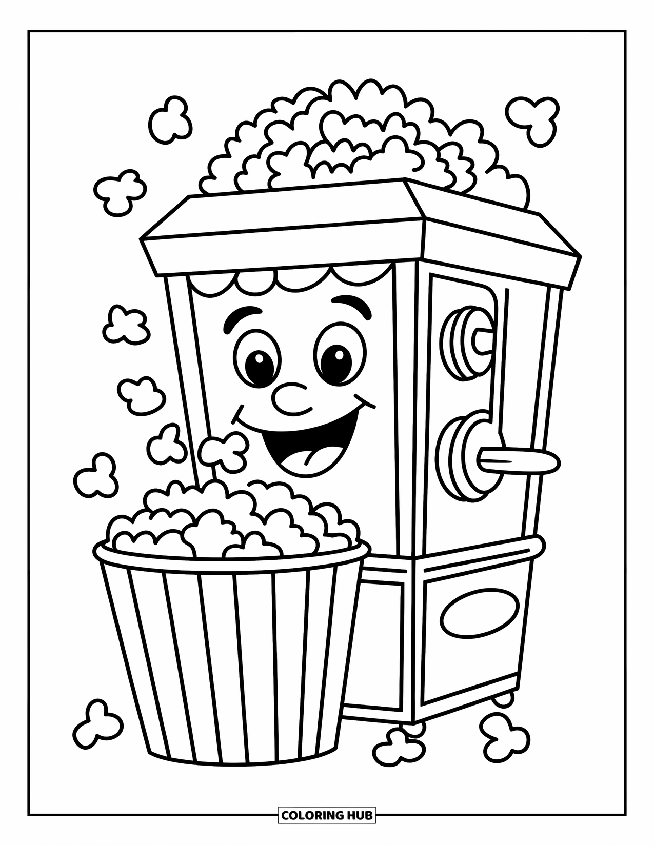 Popcorn Coloring Page for Kids: A cheerful popcorn machine fills a striped bucket as kernels bounce around