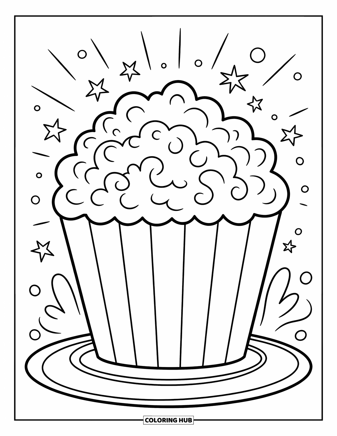 Popcorn Coloring Page for Kids: A fluffy popcorn piece with swirl designs and sparkly stars fills the center