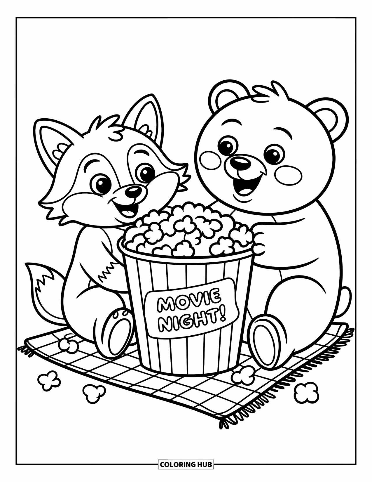 Popcorn Coloring Page for Kids: A fox and bear share popcorn on a picnic blanket under a "Movie Night!" banner