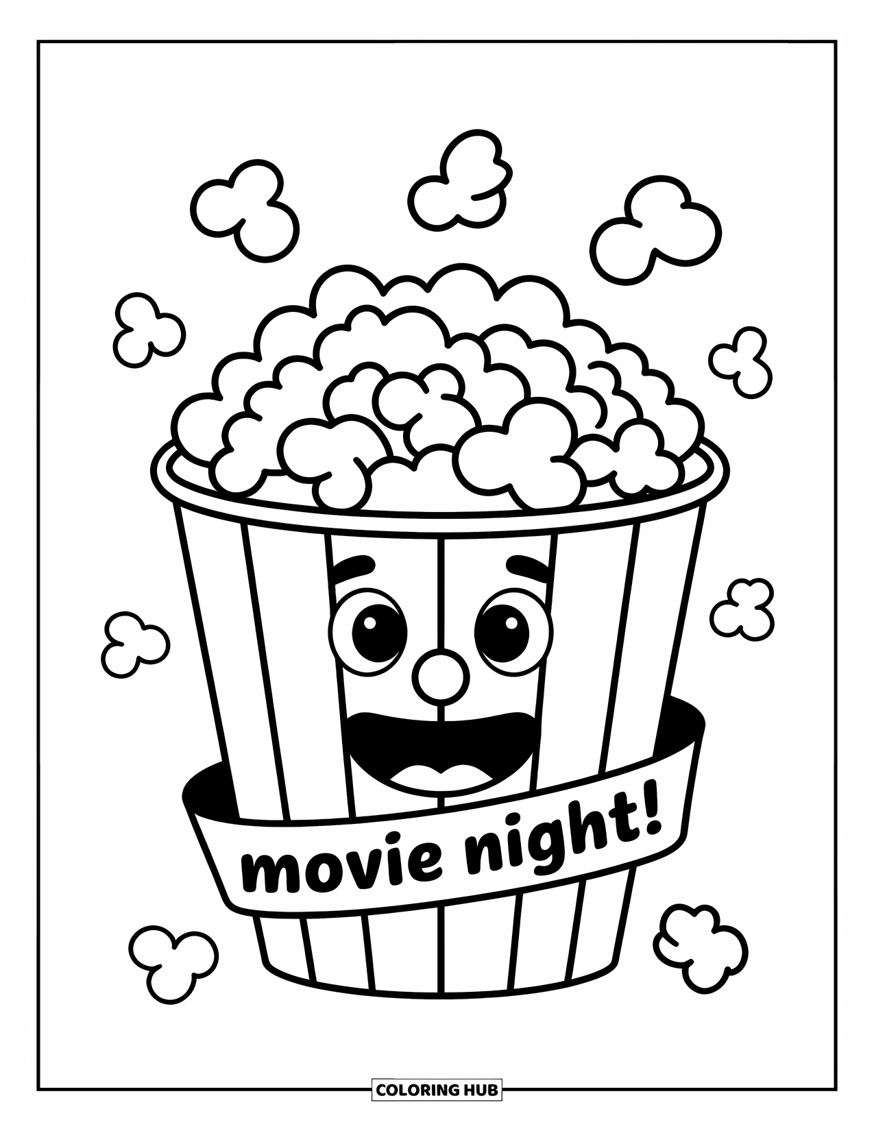 Popcorn Coloring Page for Kids: A friendly popcorn bucket with playful popcorn and a "Movie Night!" banner on its rim