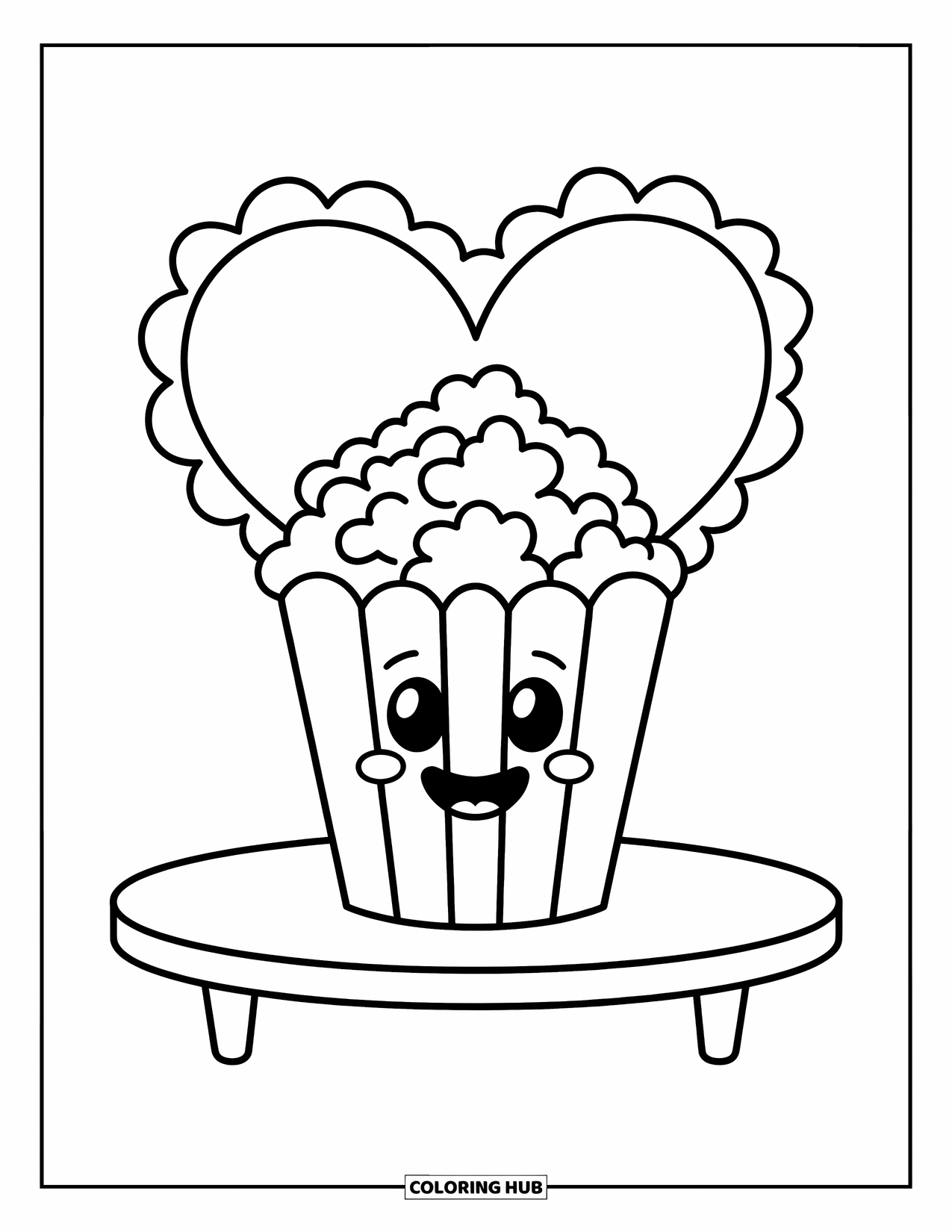Popcorn Coloring Page for Kids: A happy bucket wearing a hat spills heart-shaped popcorn across the table