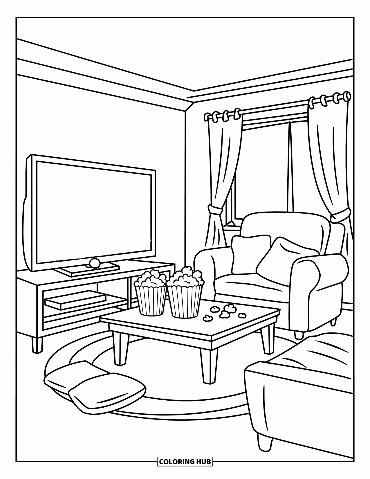 Popcorn Coloring Page for Kids: A homey movie night setting with a popcorn bucket, TV, and patterned curtains