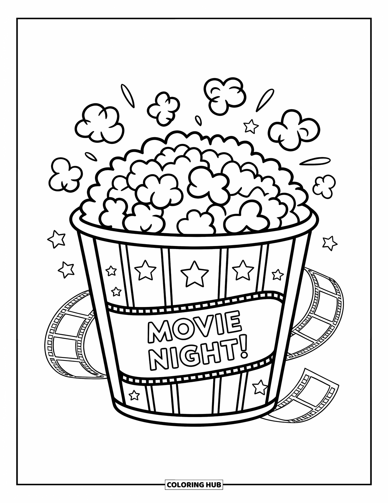 Popcorn Coloring Page for Kids: A joyful popcorn bucket with a "Movie Night!" banner pops with stars and fun shapes