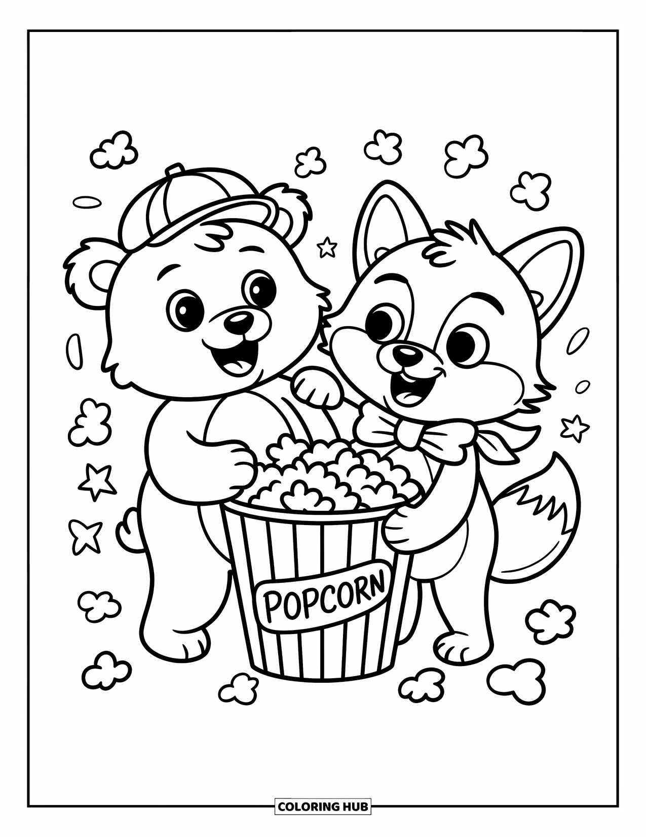 Popcorn Coloring Page for Kids: A playful bear and fox enjoy popcorn, stars floating around them