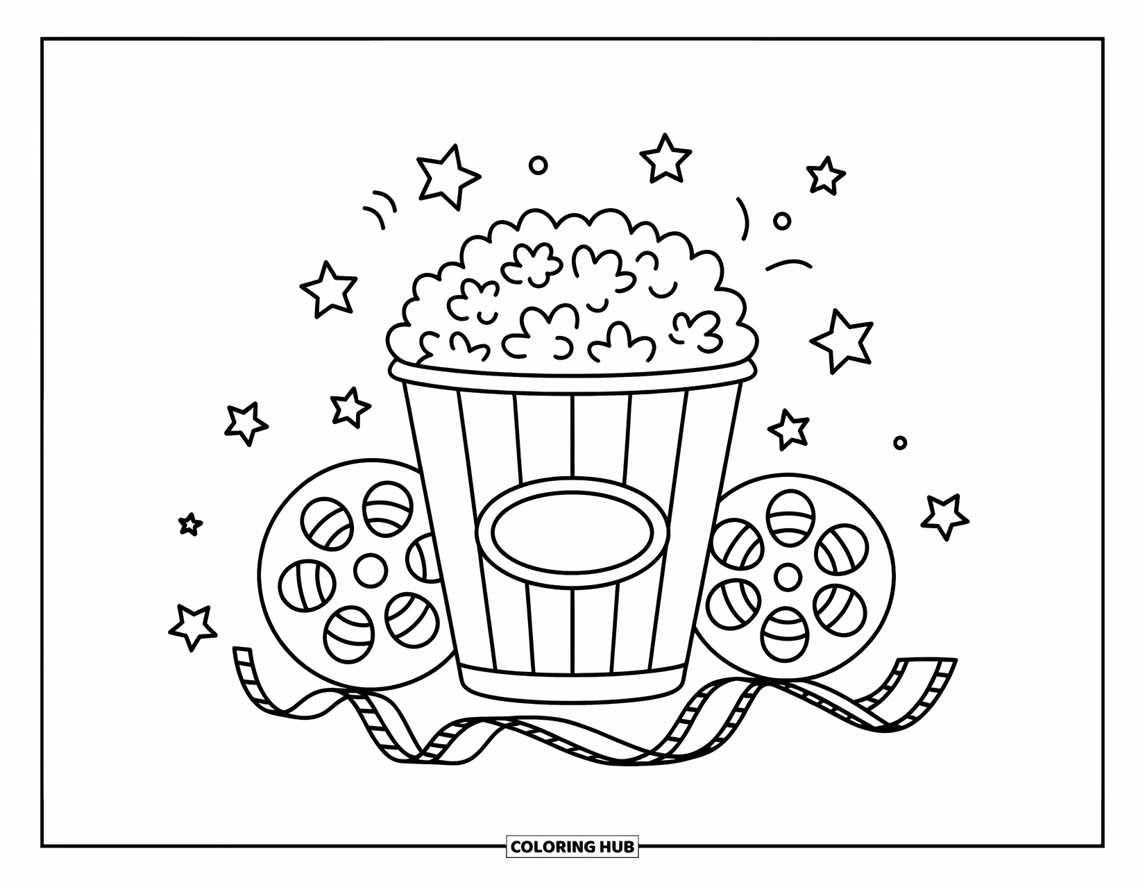 Popcorn Coloring Page for Kids: A popcorn bucket overflows near stars and movie reels in a cinema-themed scene