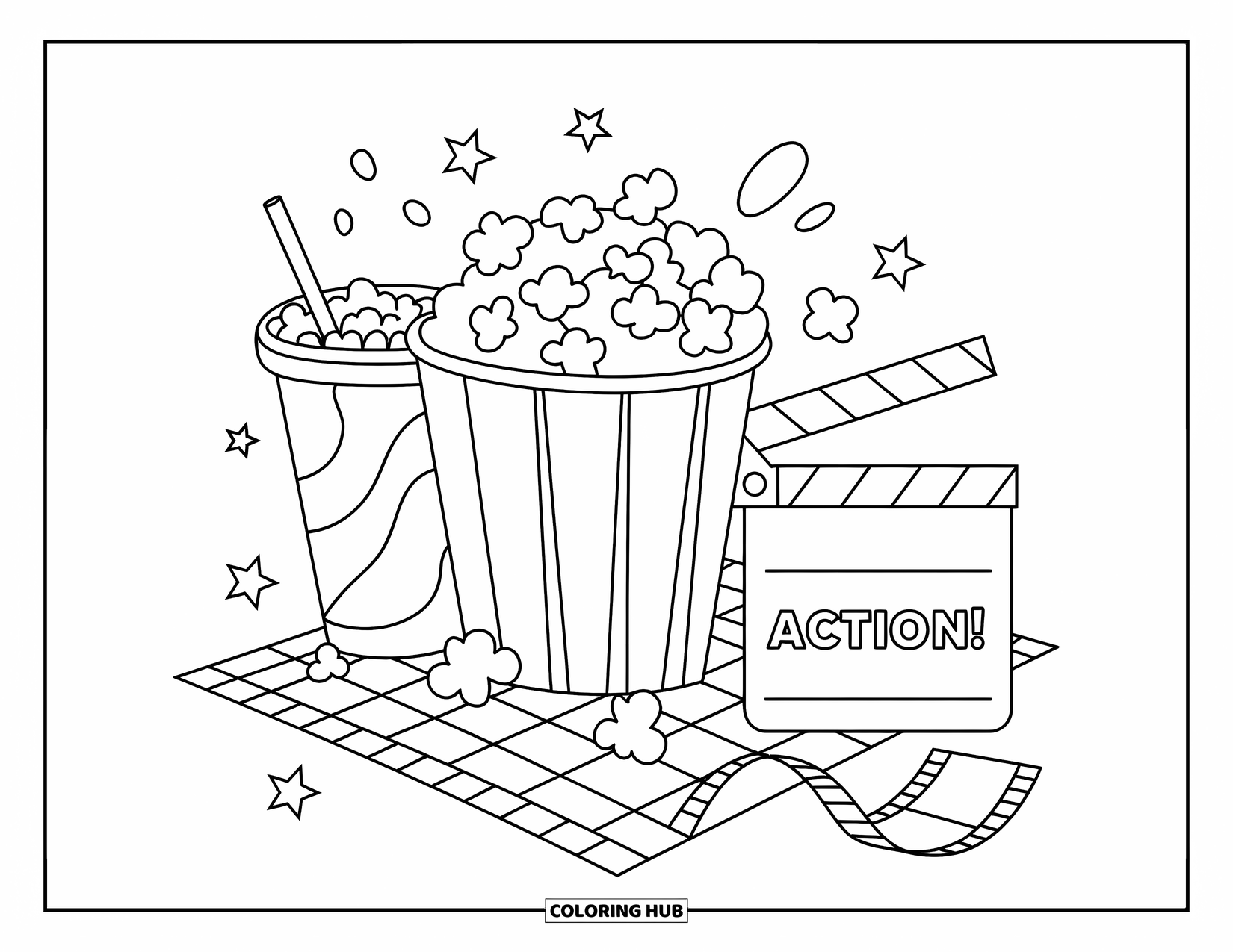 Popcorn Coloring Page for Kids: A popcorn bucket, soda, and clapperboard create a playful picnic-style movie setup