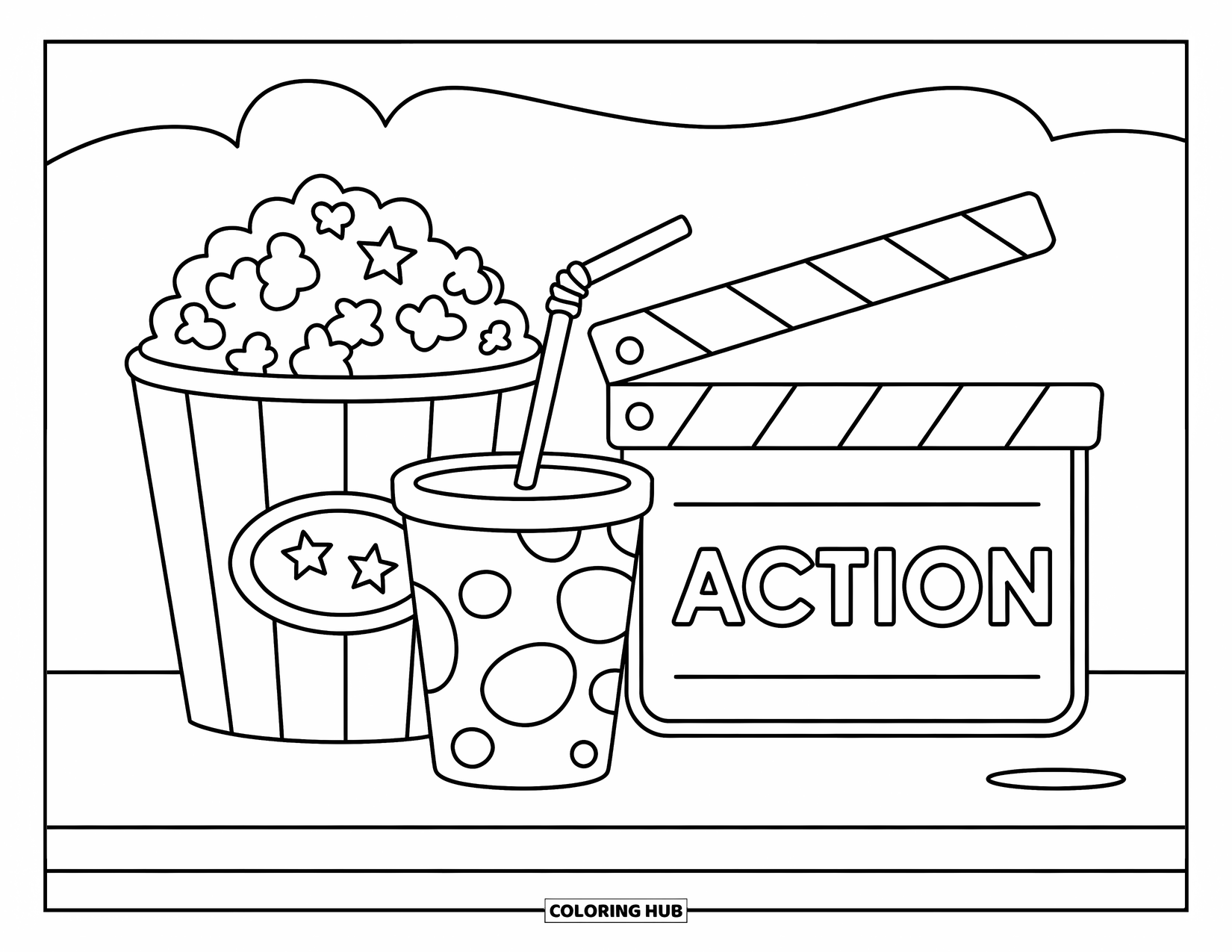 Popcorn Coloring Page for Kids: A popcorn bucket, soda cup, and clapperboard sit together ready for movie night