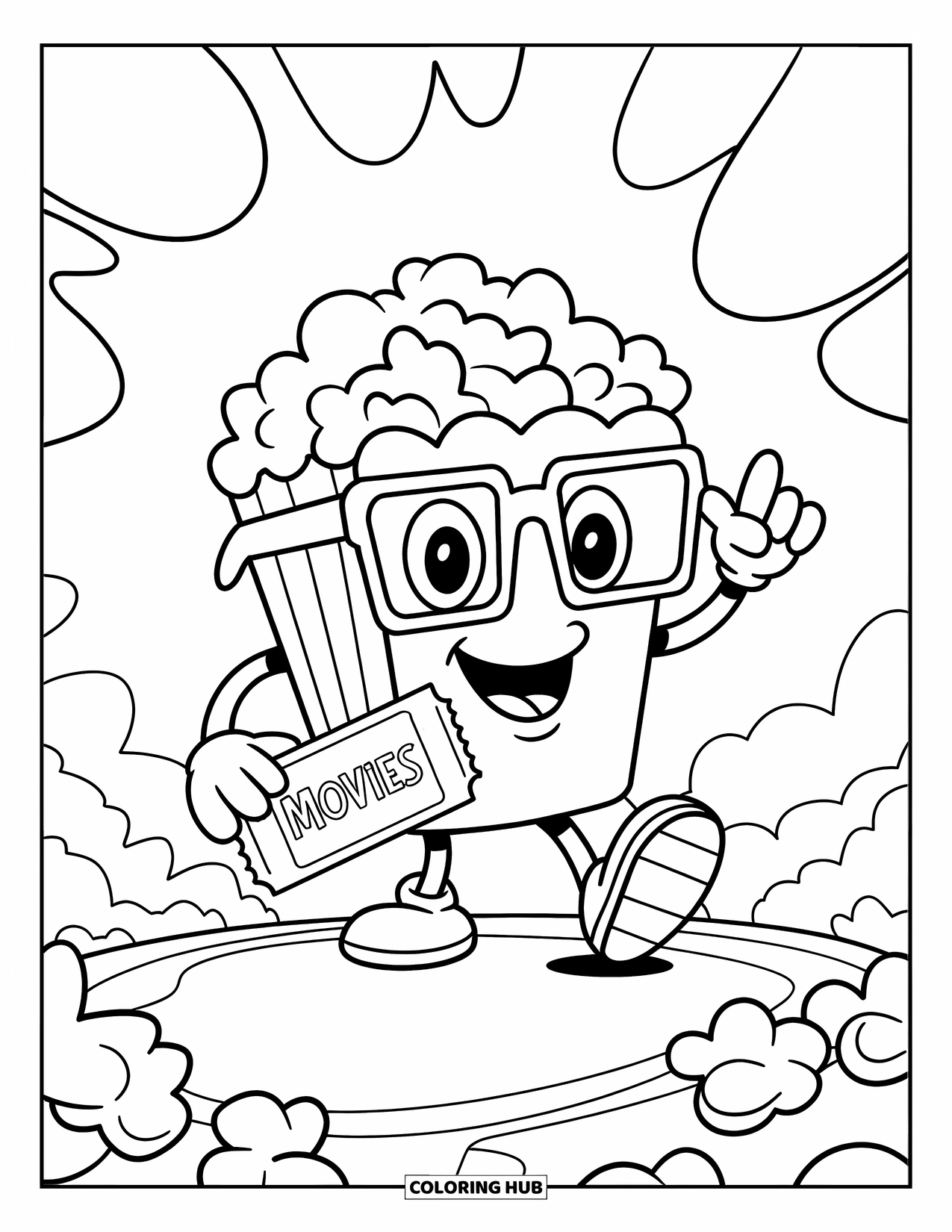 Popcorn Coloring Page for Kids: A popcorn character with 3D glasses and a "MOVIES" ticket stands among scattered kernels