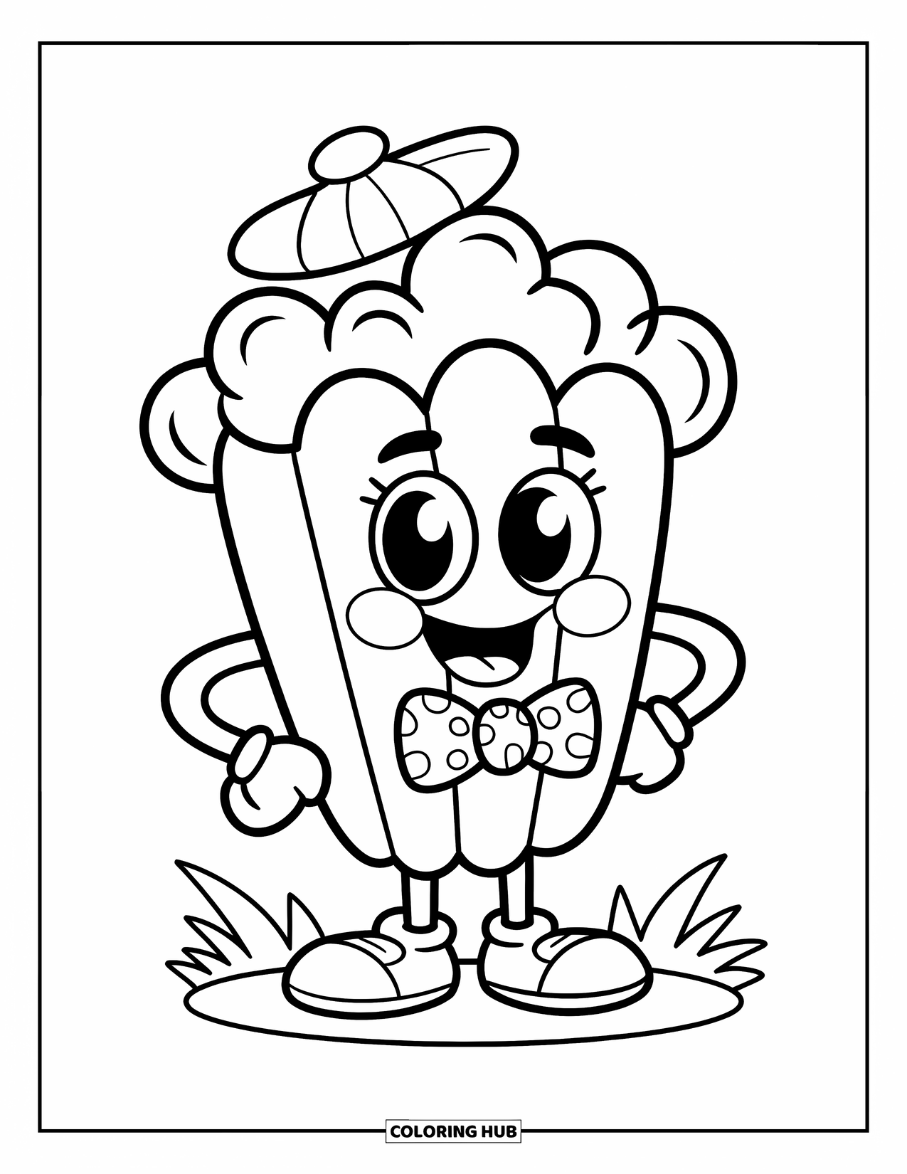 Popcorn Coloring Page for Kids: A popcorn kernel with a big smile, tiny limbs, and a cute hat stands proudly