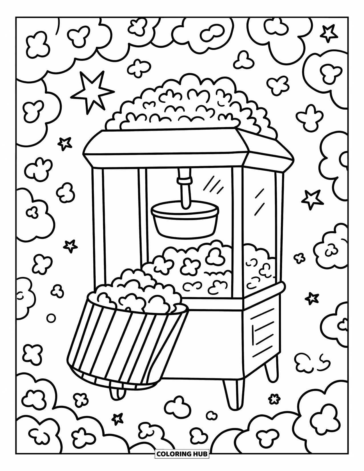 Popcorn Coloring Page for Kids: A popcorn machine spills friendly kernels with stars and popcorn framing the scene