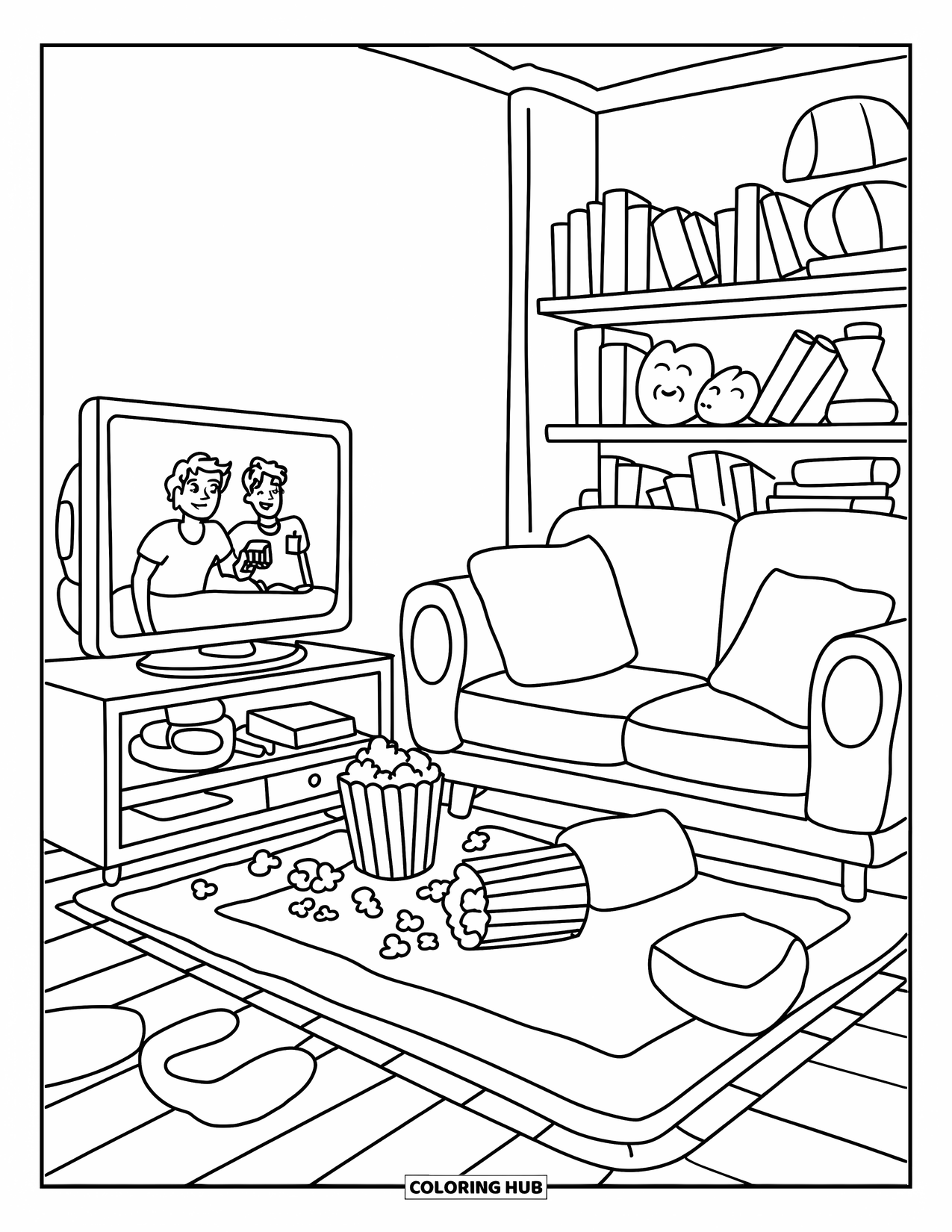 Popcorn Coloring Page for Kids: A relaxed teen hangout room with popcorn, a big TV, and cozy, scattered decor