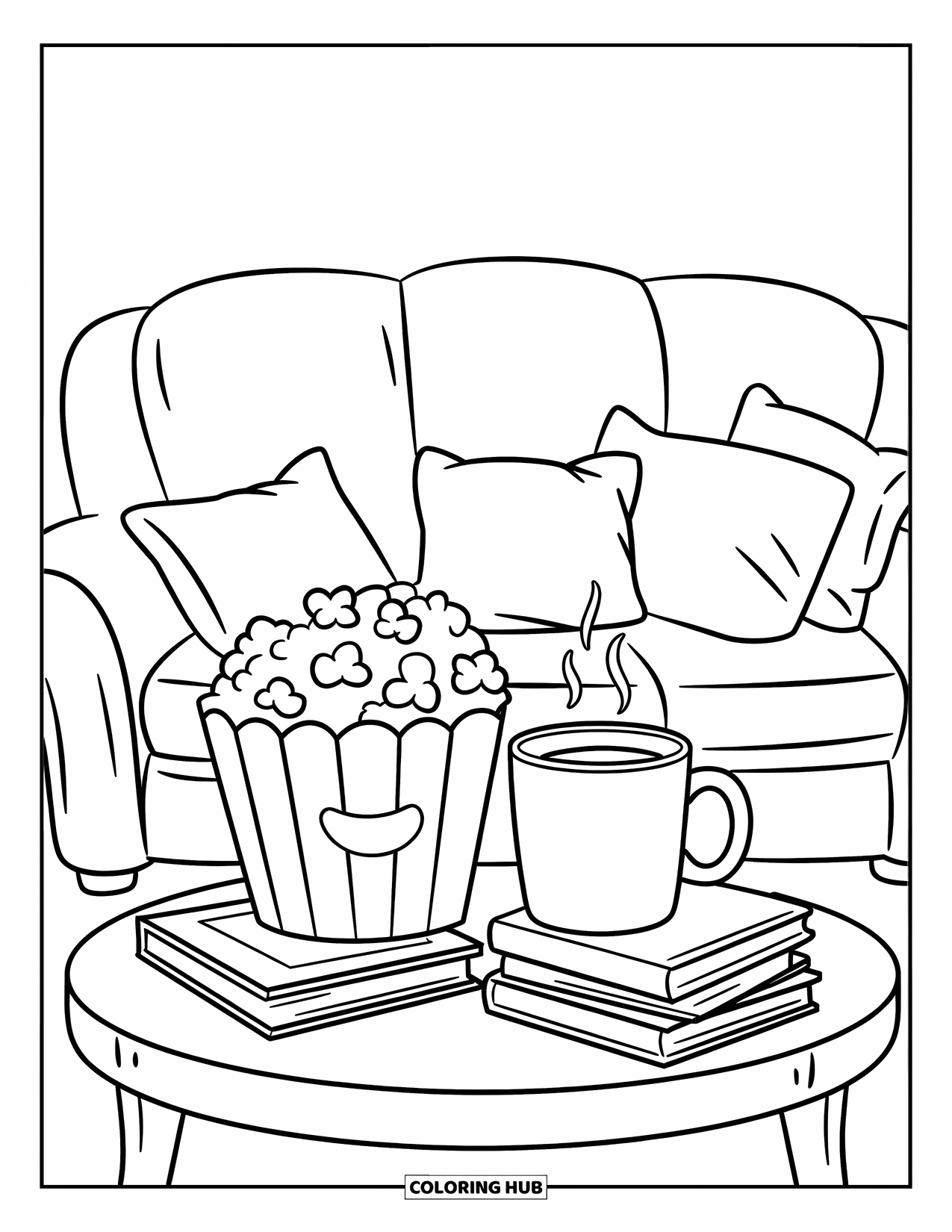 Popcorn Coloring Page for Kids: A smiling popcorn bowl and a warm drink rest on a cozy coffee table