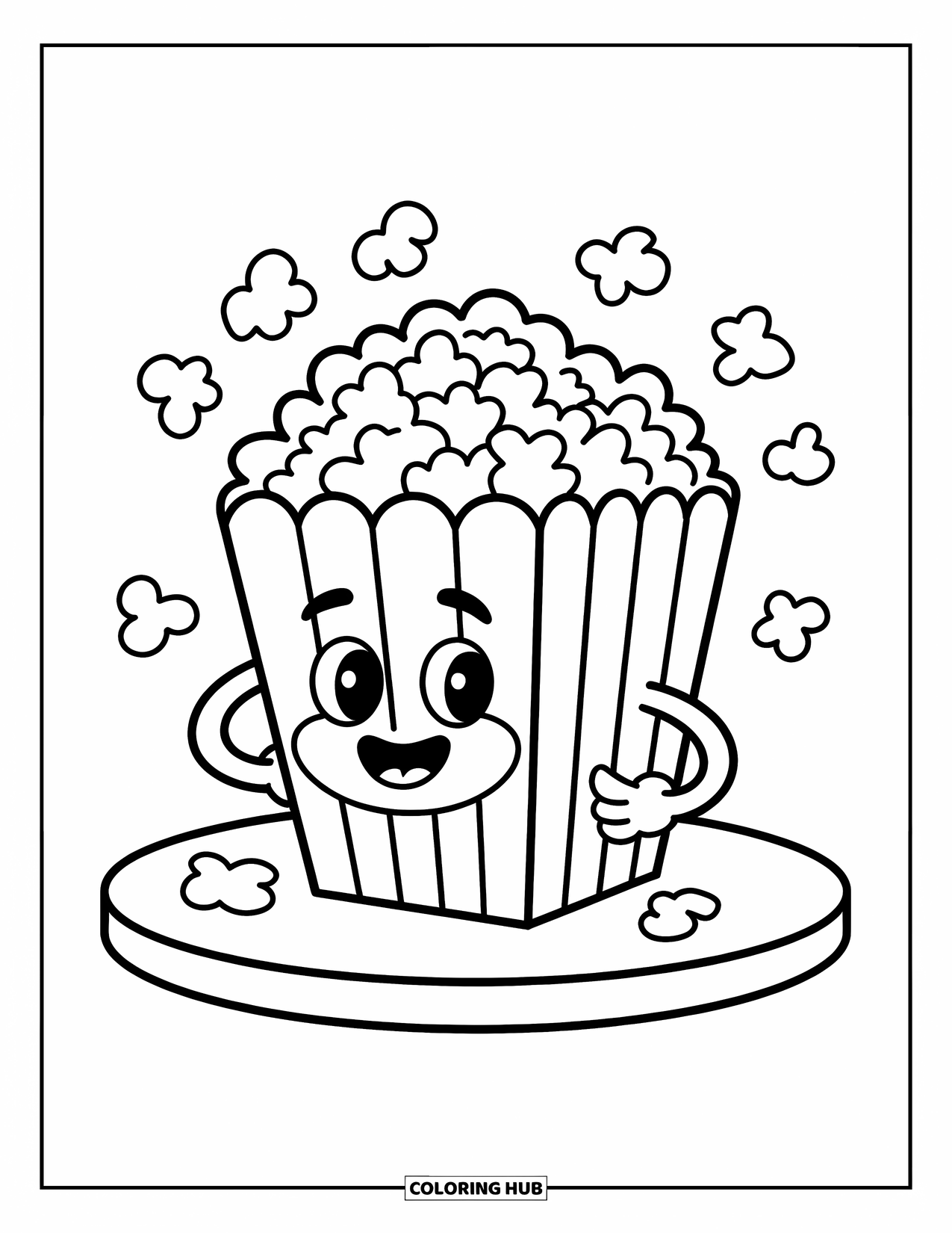 Popcorn Coloring Page for Kids: A smiling popcorn bucket with arms spills popcorn across a checkered table