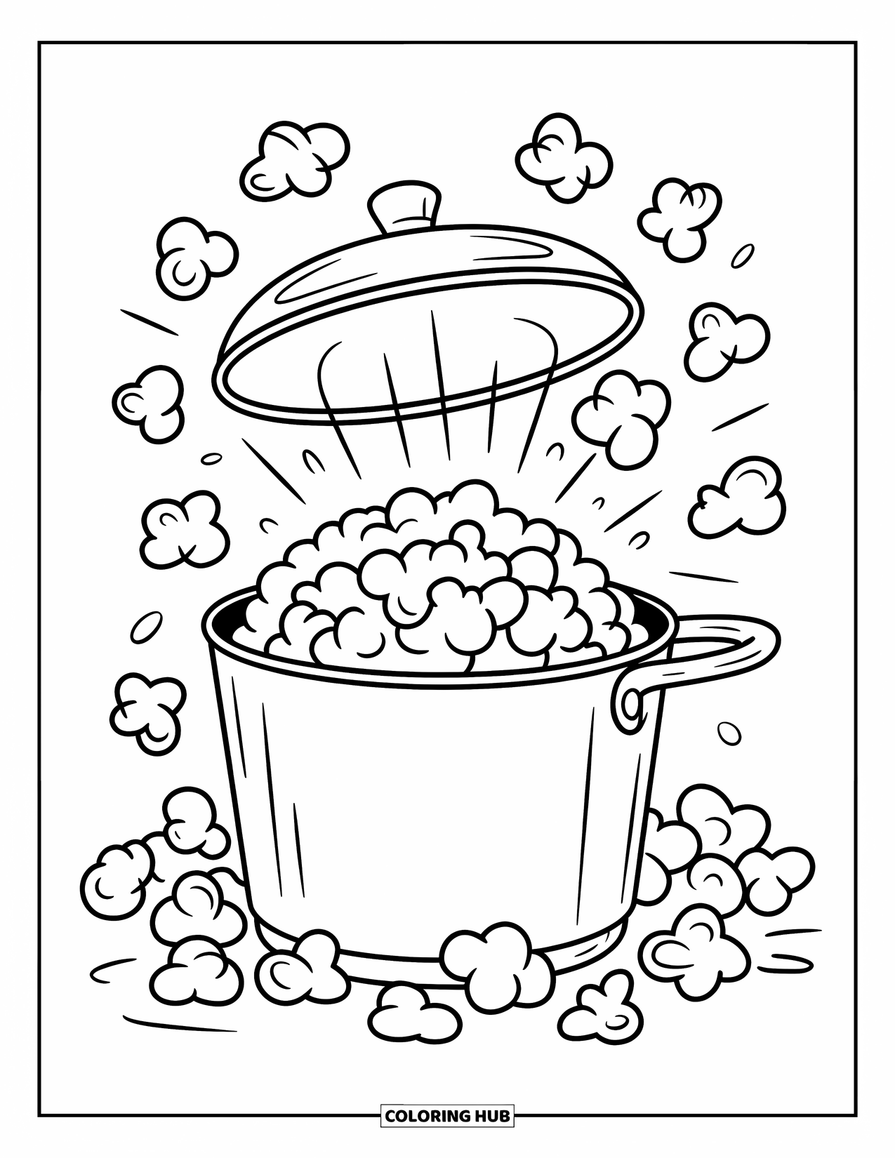 Popcorn Coloring Page for Kids: A stovetop popper explodes with popcorn in an exciting upward burst