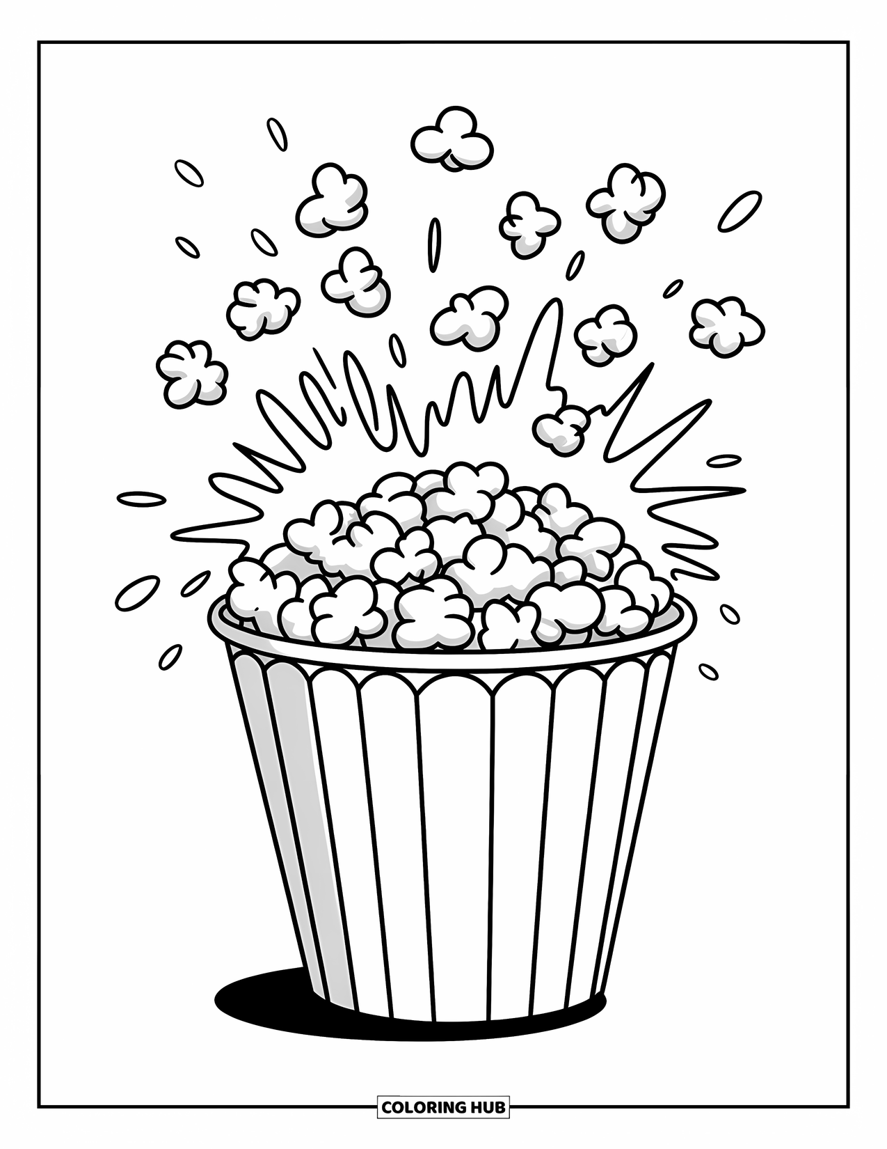 Popcorn Coloring Page for Kids: A vintage popcorn bucket bursts with popcorn in a dramatic splash