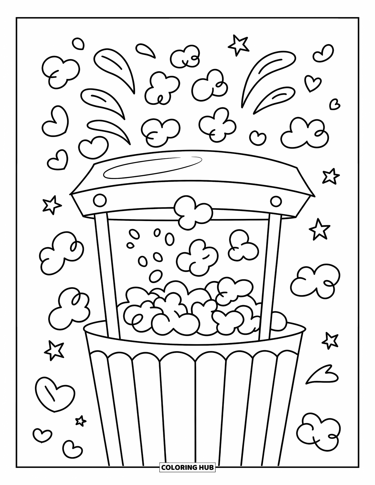 Popcorn Coloring Page for Kids: Popcorn bursts from a happy machine surrounded by stars, hearts, and big smiles