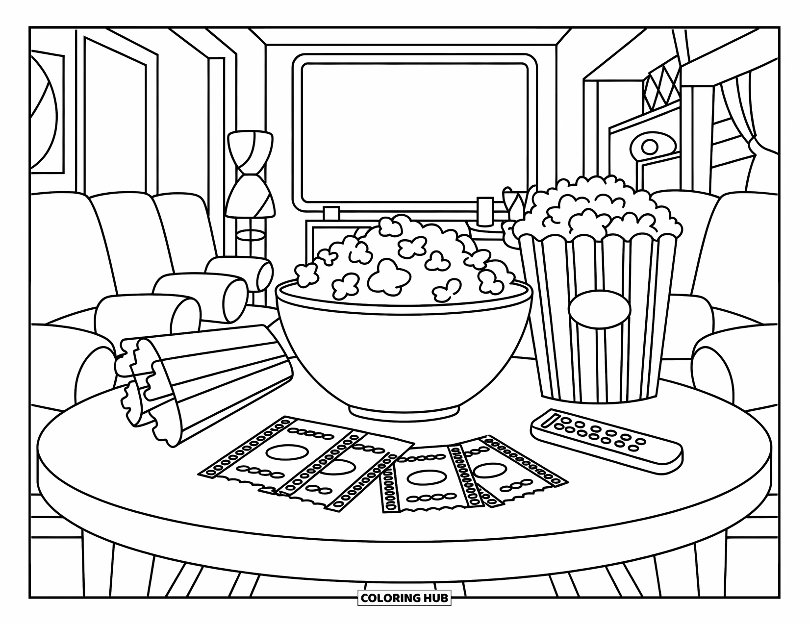 Popcorn Coloring Page for Kids: Popcorn, movie tickets, and cozy seating set the scene for family movie night