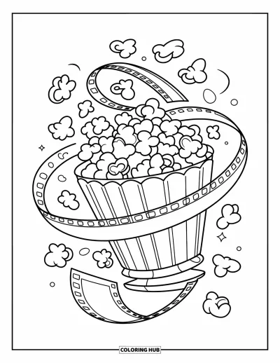 Kolorowanka z popcornem dla dzieci: Popcorn wiruje przez spiralę szpuli filmowej z gwiazdkami i kinowymi akcentami