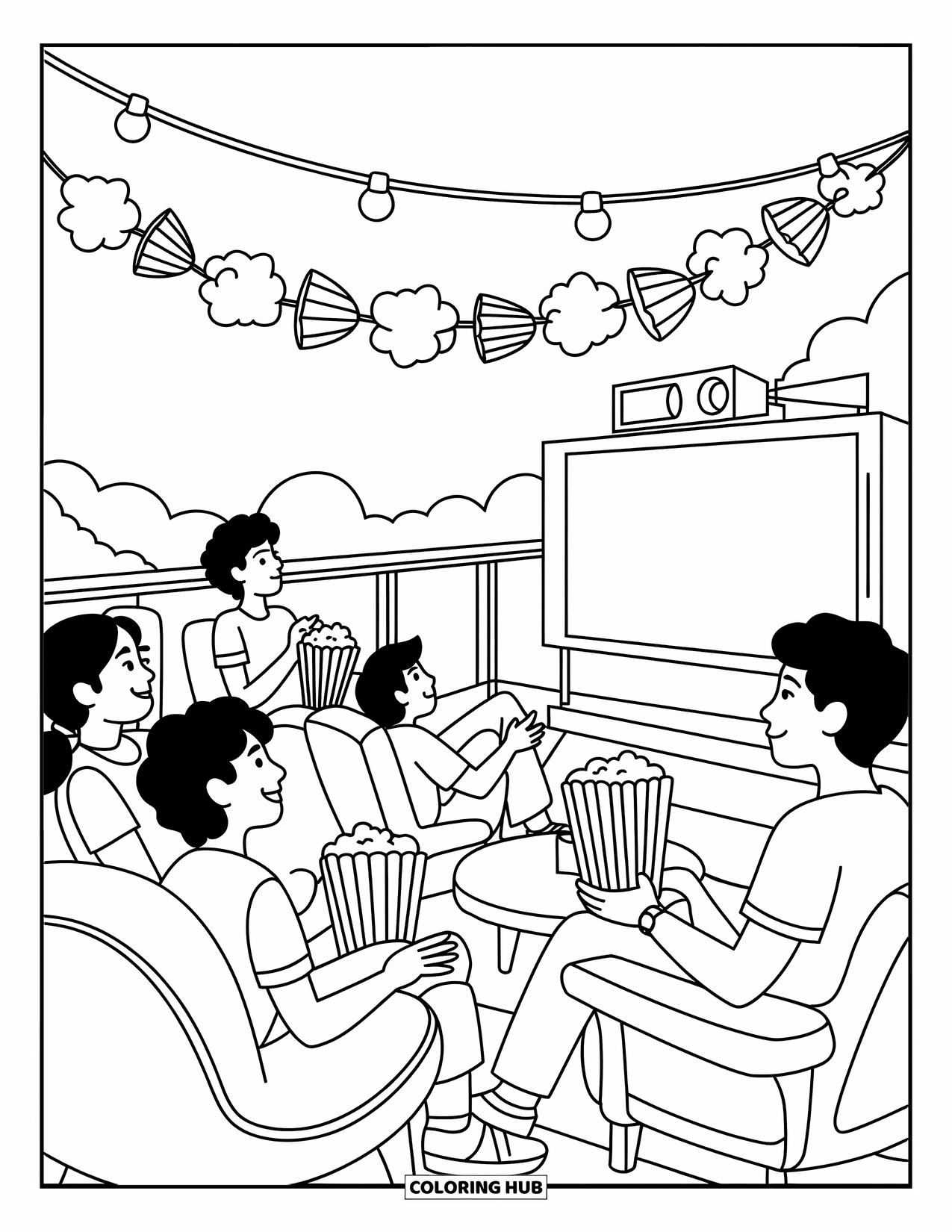 Popcorn Coloring Page for Kids: Teenagers enjoy a rooftop film night with beanbags, string lights, and popcorn decor