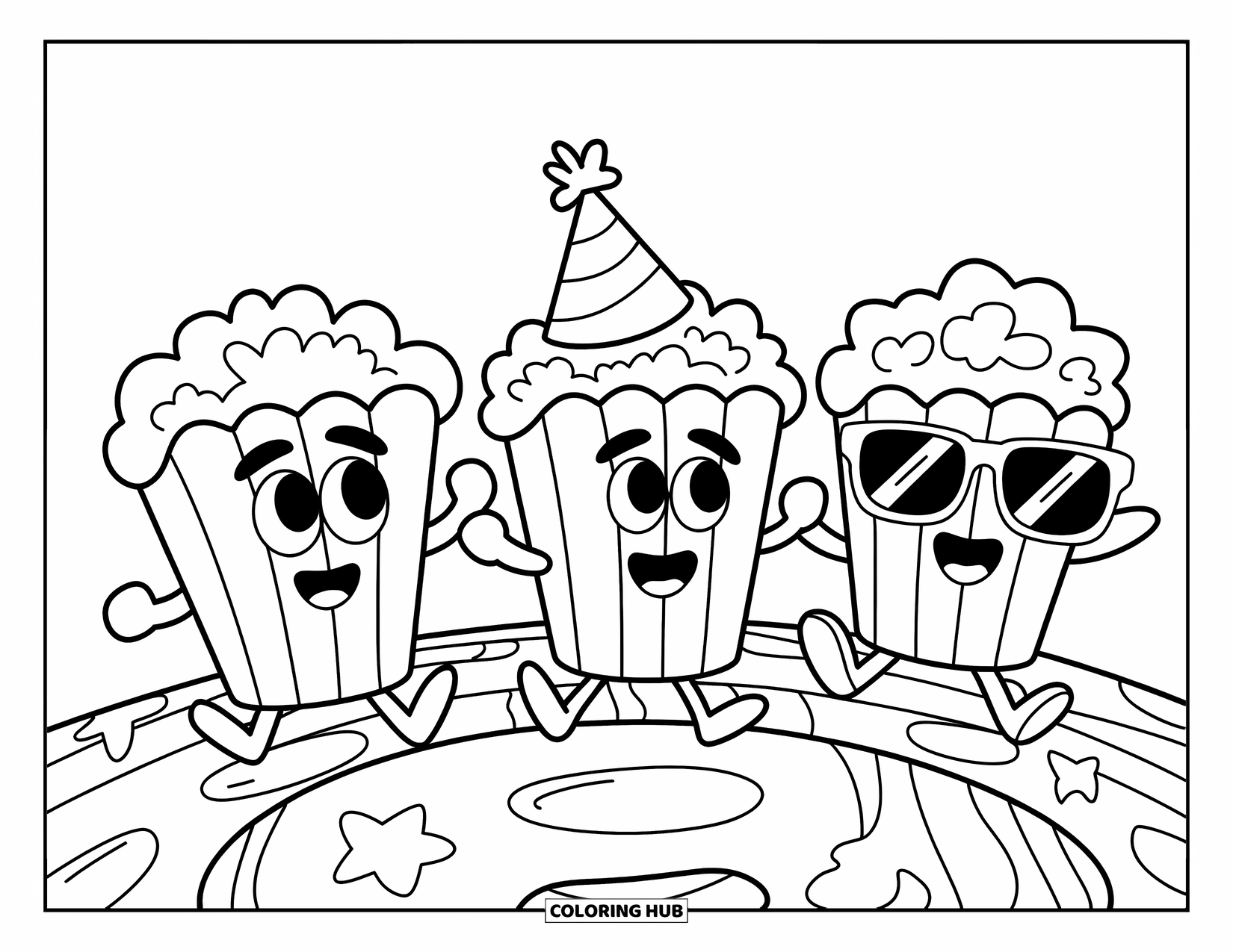 Popcorn Coloring Page for Kids: Three cheerful popcorn buddies bounce side-by-side with big smiles and silly accessories