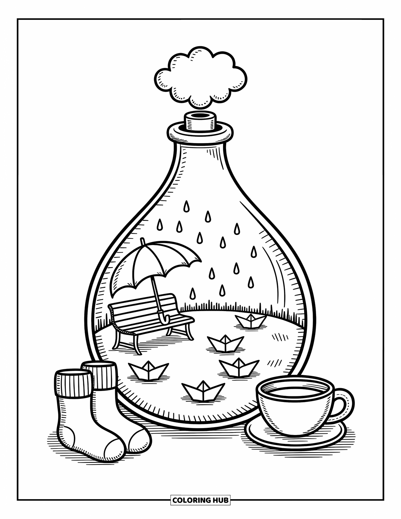 Potion Coloring Page for Adults: Cozy park with umbrella, puddles, and tea scene inside a teardrop bottle