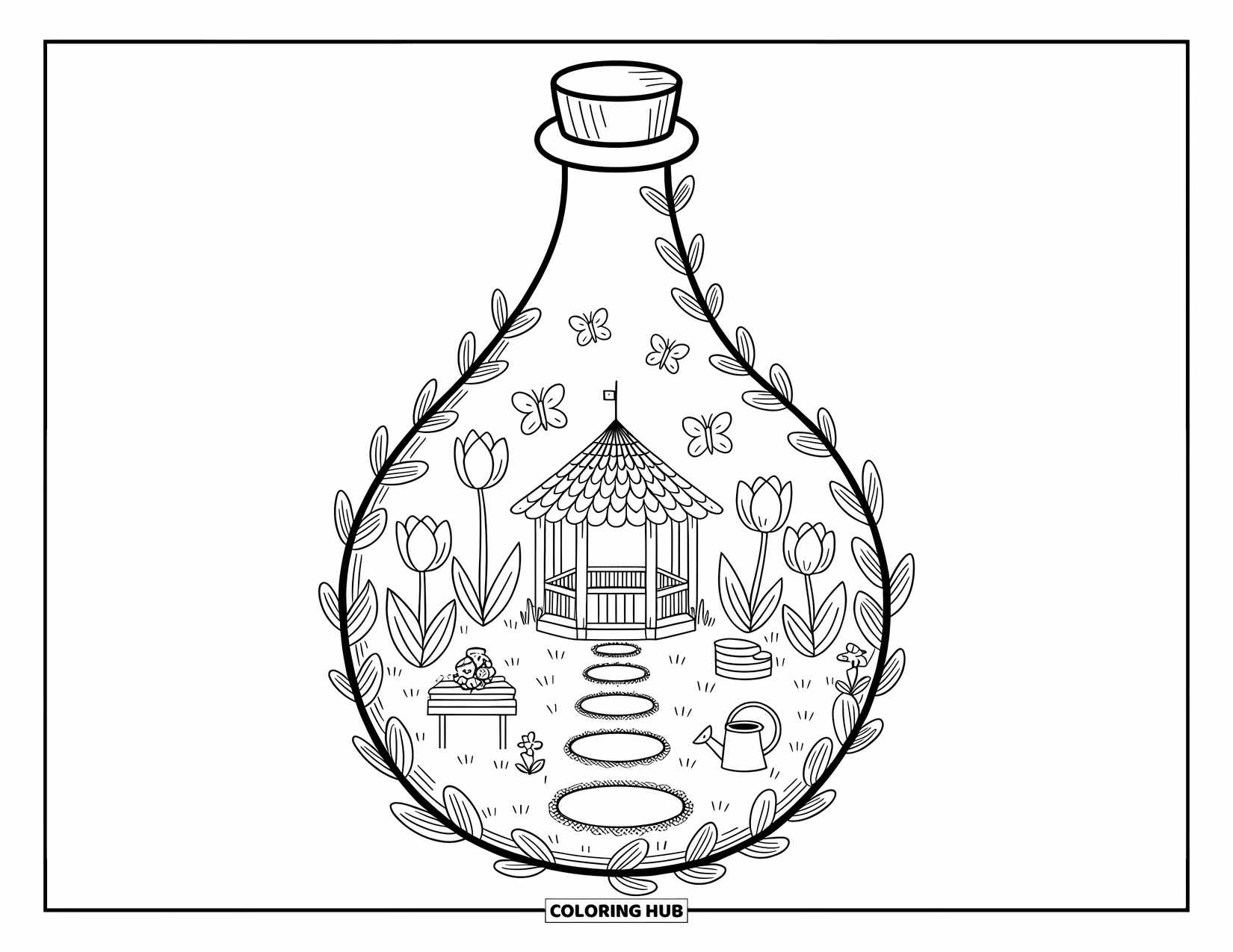 Potion Coloring Page for Adults: Fairytale garden with tulips, butterflies, and a tiny gazebo inside a teardrop bottle