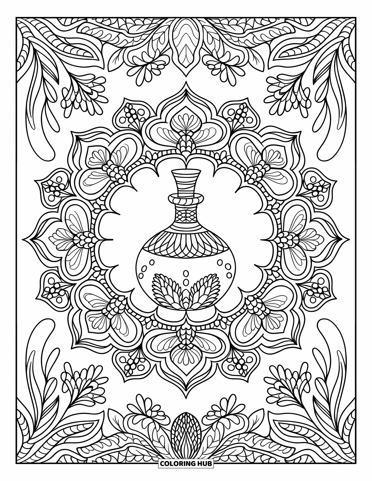 Potion Coloring Page for Adults: Full-page mandala of leaves and vines with an ornate potion bottle in the center