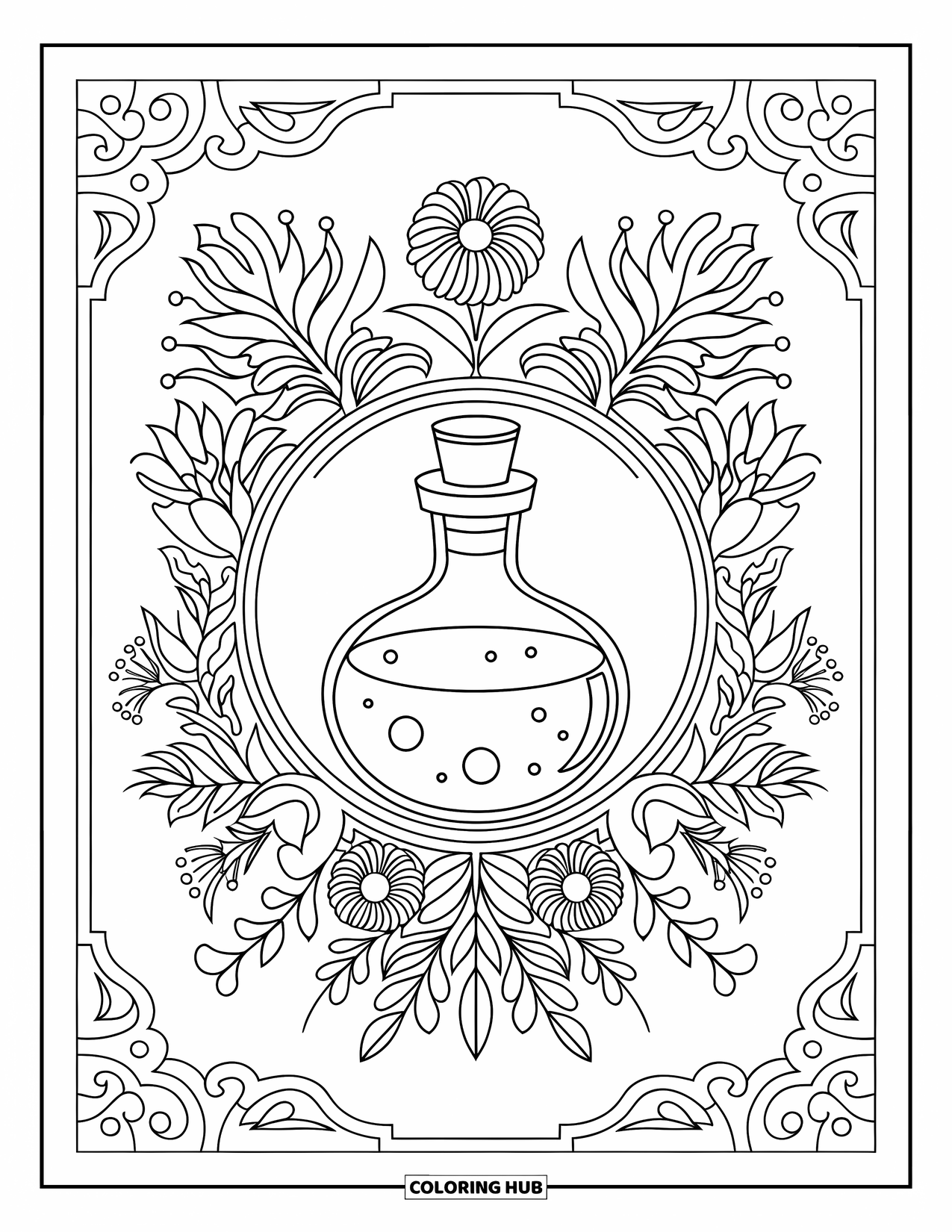 Potion Coloring Page for Adults: Herb-filled flower mandala with a potion bottle at the center