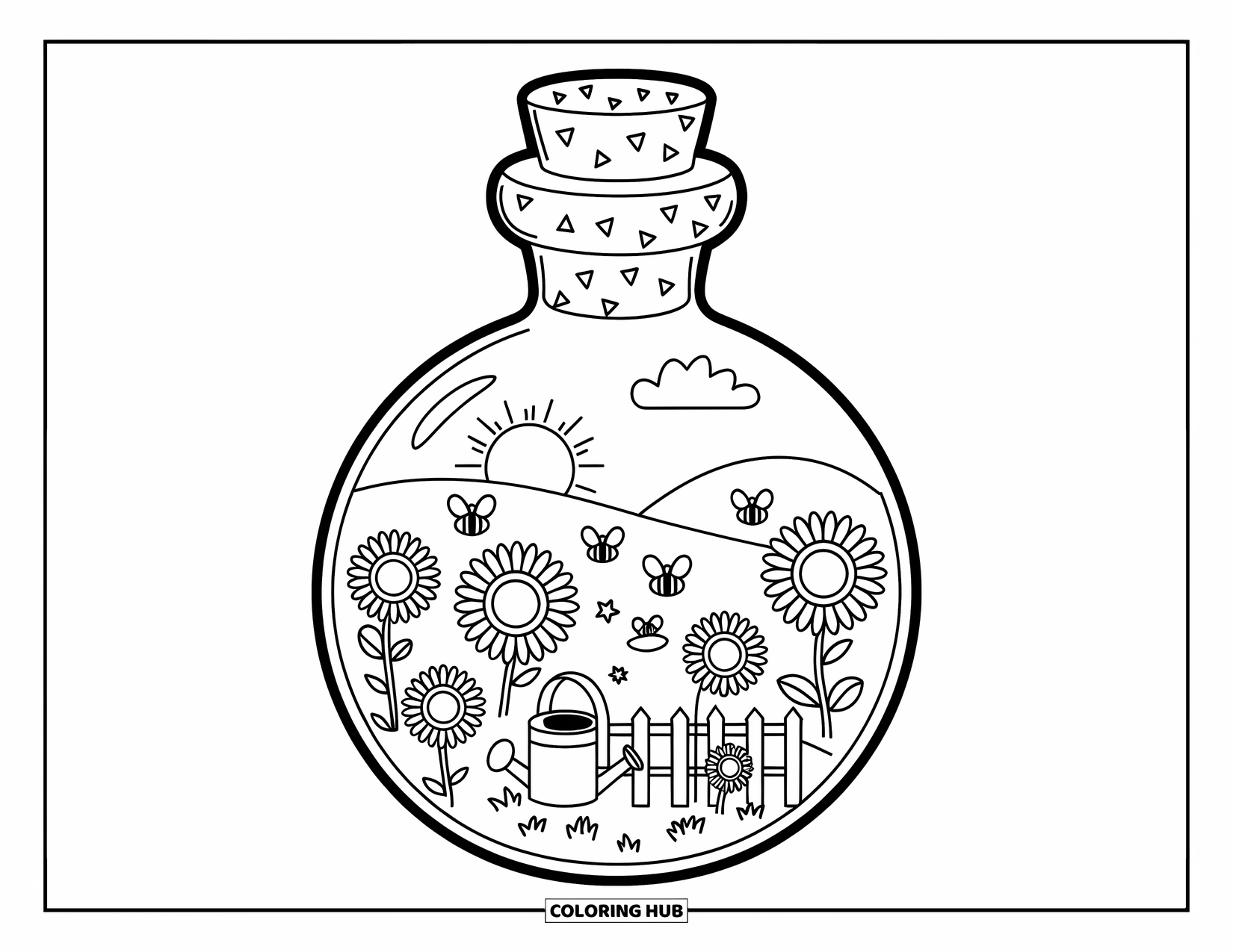Potion Coloring Page for Adults: Mini sunflower patch with watering can and bees glows inside a round potion bottle