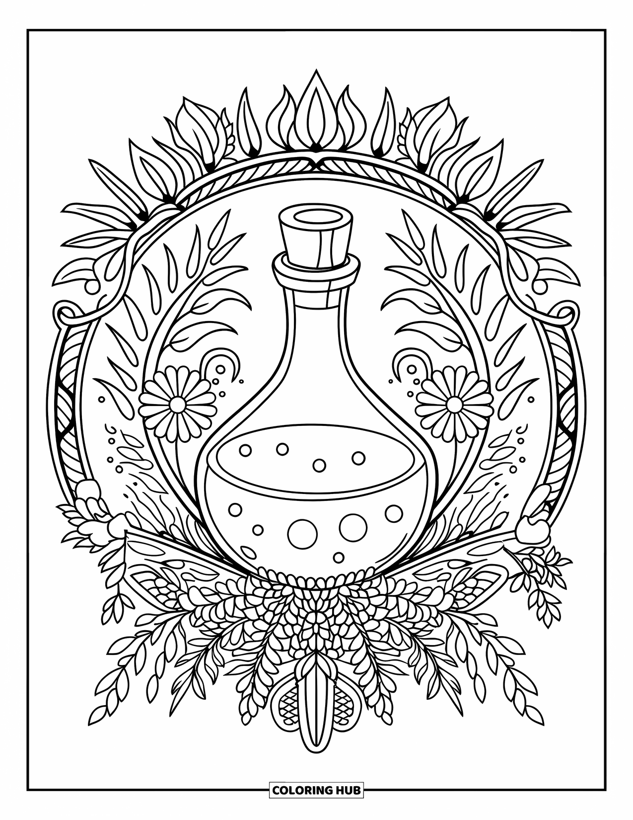 Potion Coloring Page for Adults: Potion bottle in the middle of an herb and flower mandala with a border