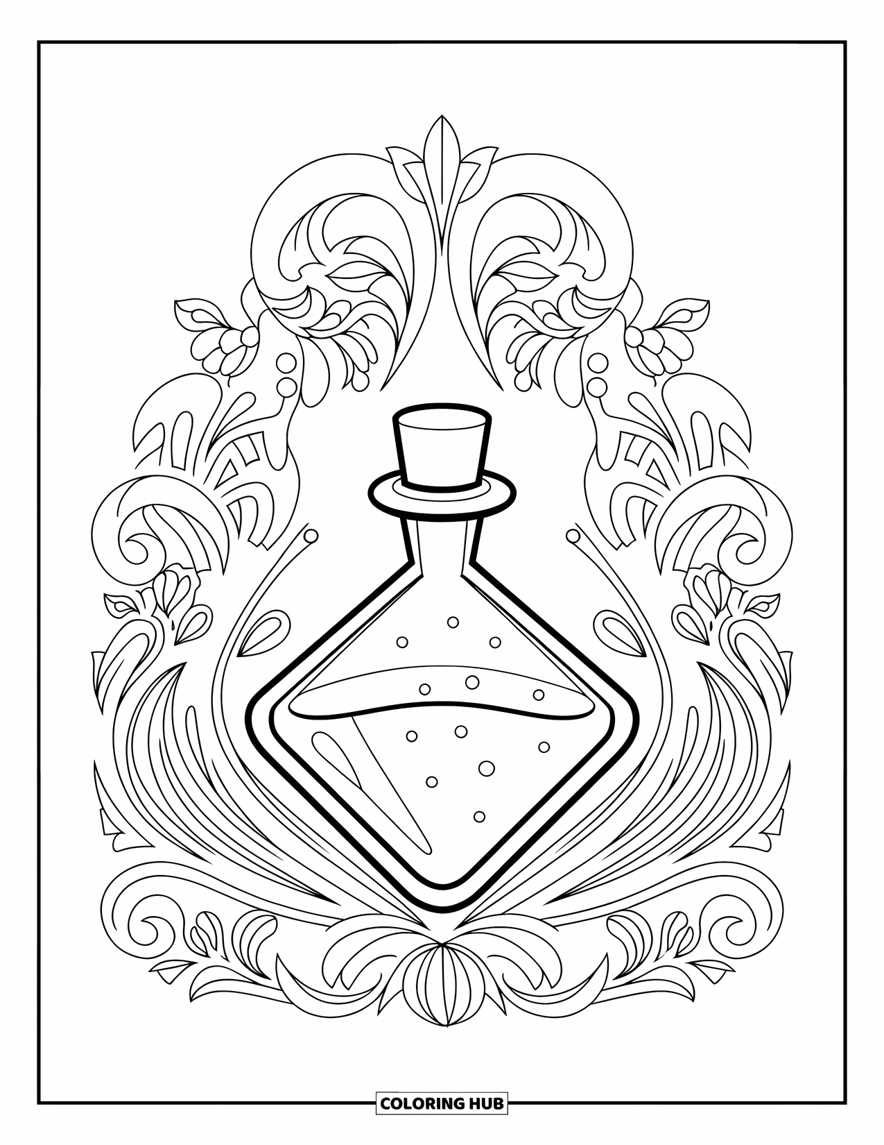 Potion Coloring Page for Adults: Potion bottle with triangle shape and ornate floral patterns all around