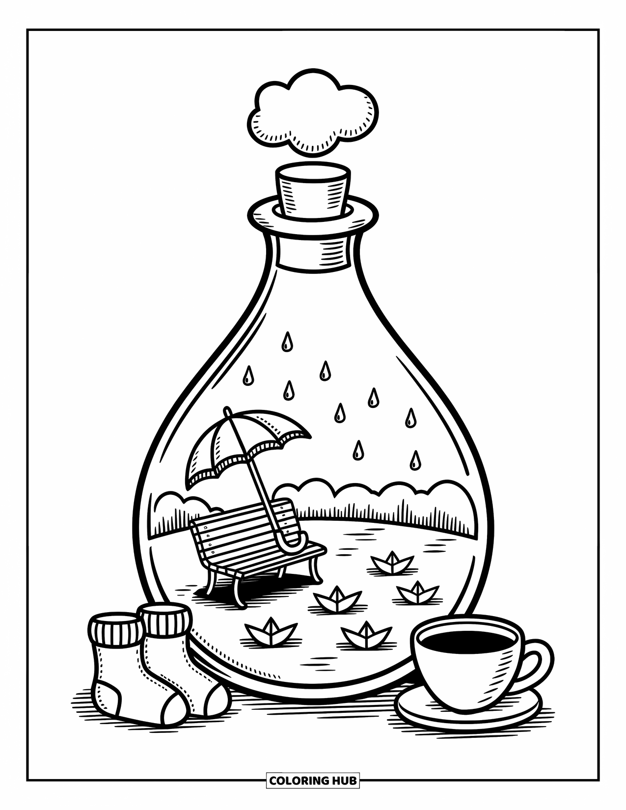 Potion Coloring Page for Adults: Rainy park with umbrella, puddles, and paper boats nestled inside a teardrop bottle