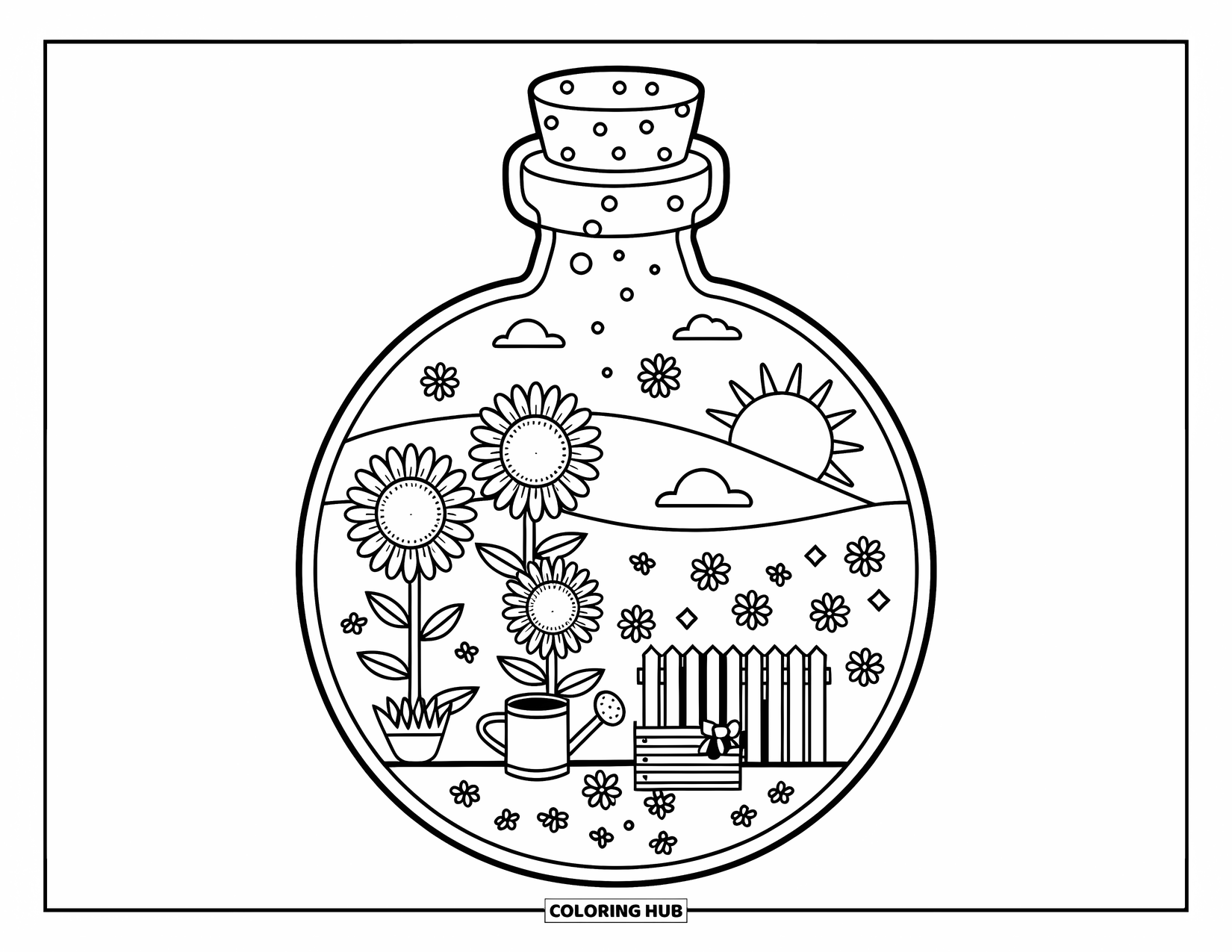 Potion Coloring Page for Adults: Sunflower garden with bees, picket fence, and watering can sits in a round potion bottle
